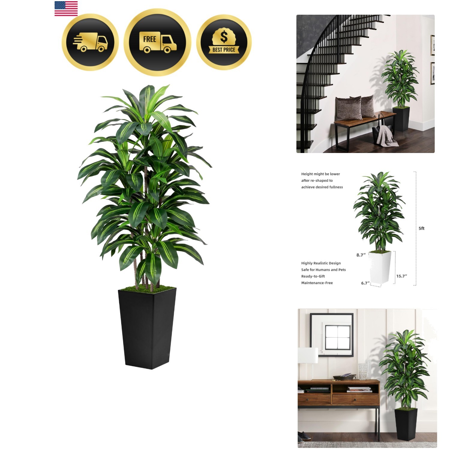 Artificial Dracaena Tree 5FT – Fake Tree with Black Tall Planter – Faux Yucca…