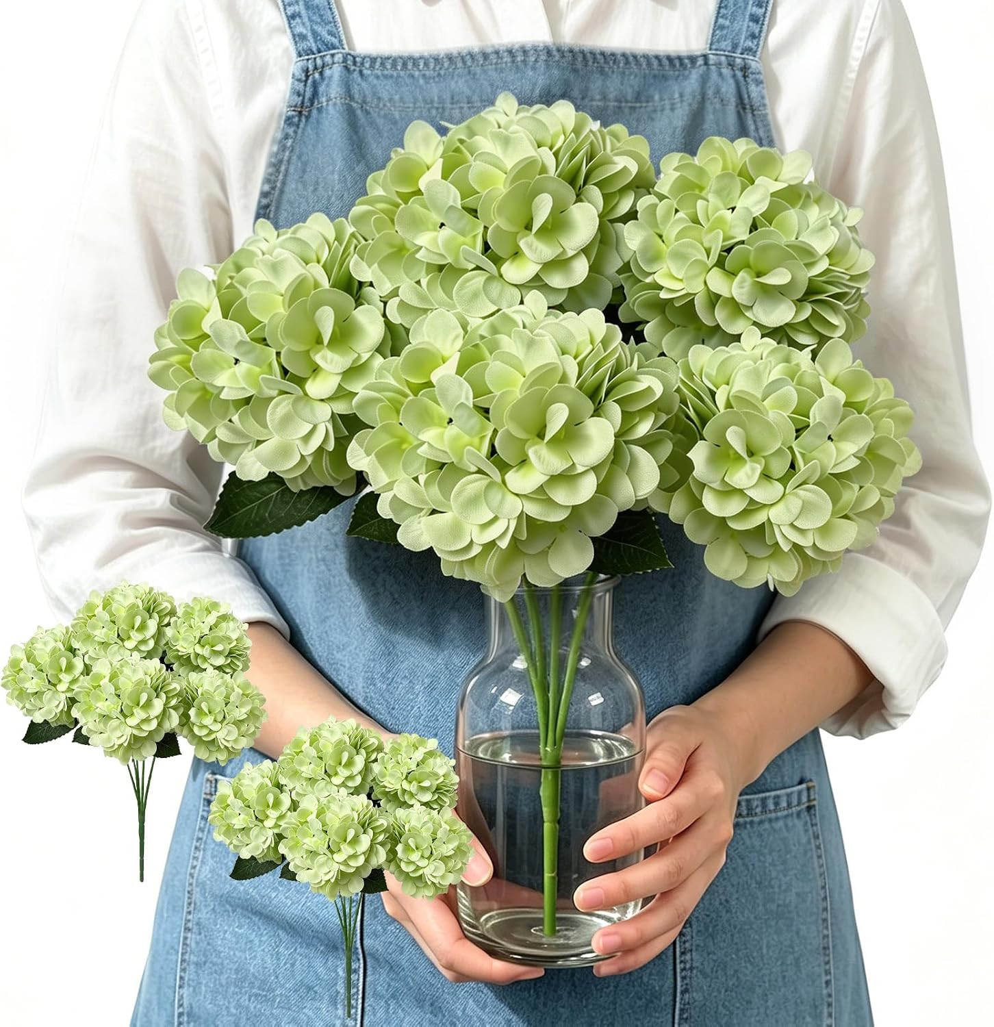 Lifelike UV Resistant Green Silk Hydrangea Flowers – 2 Pcs for Home Decor