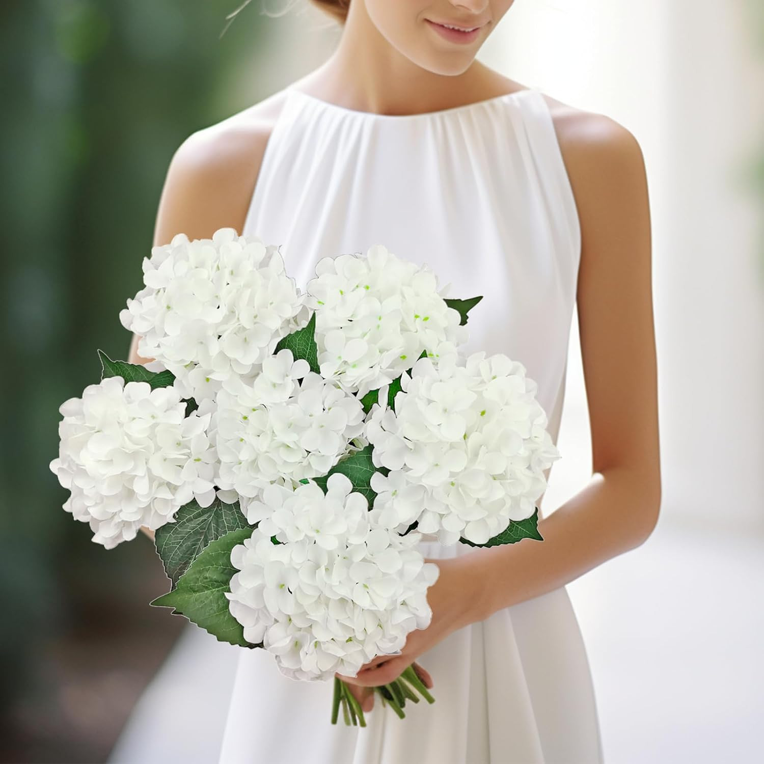 6PCS White Hydrangea Artificial Flowers, Bulk Silk Fake Flower with Stems, Faux
