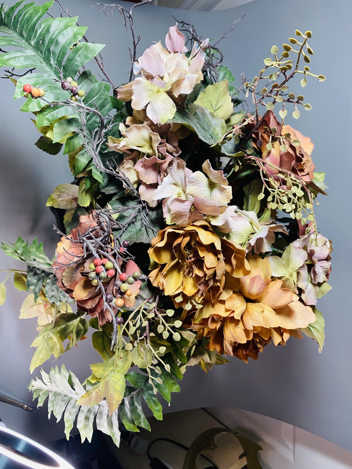 Autumn Silk Flower Foliage Arrangement Décor in Metal Planter 20″ Tall Fall Hues