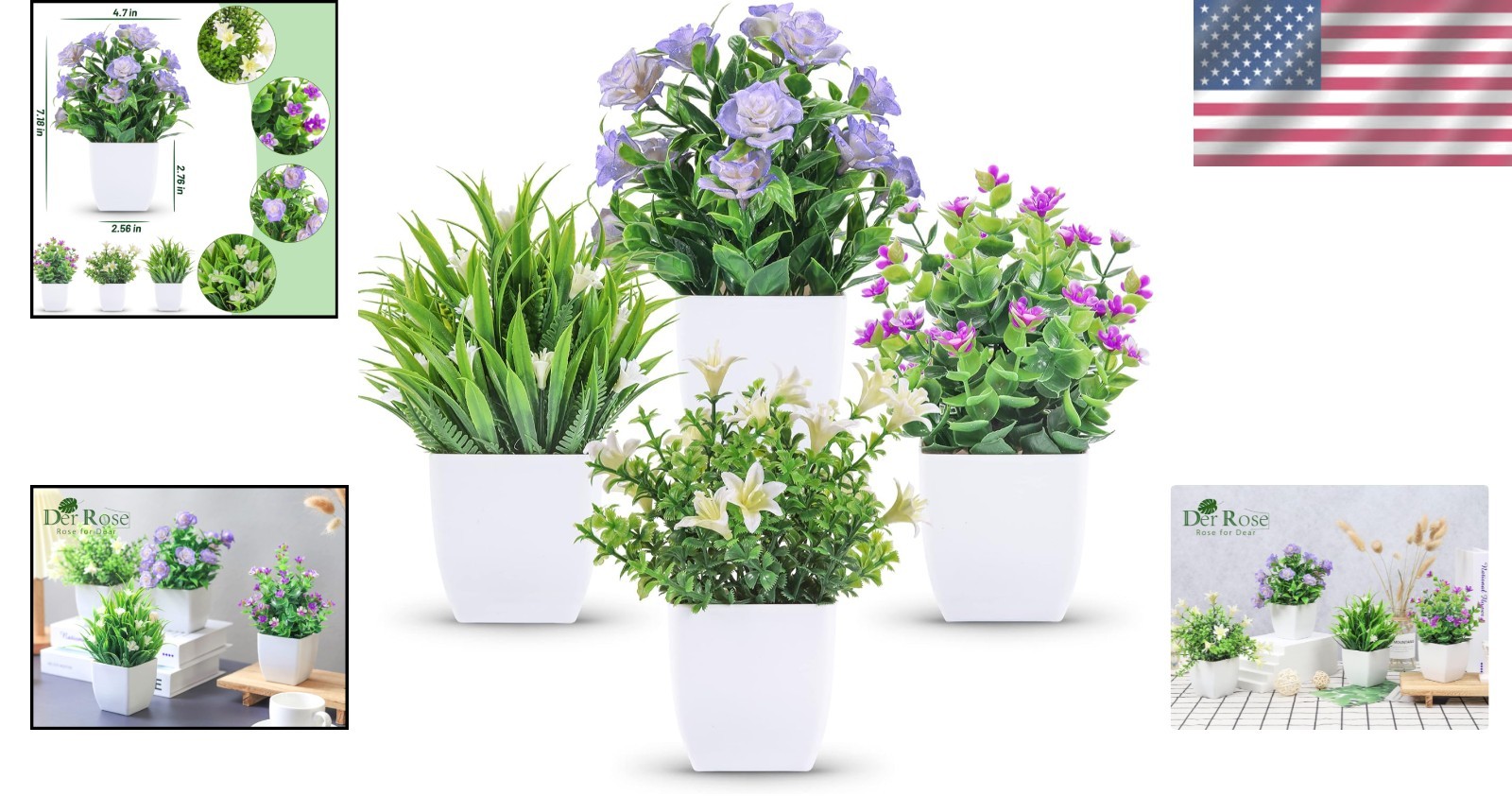 Mini Artificial Plants Indoor Faux Flowers Set 4 Pack Home Office Decor