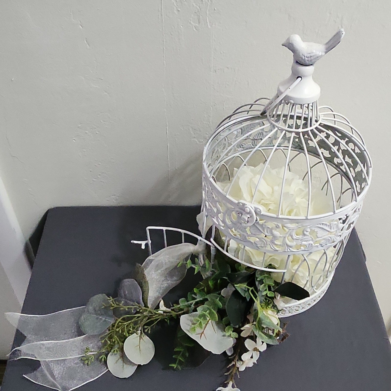 White Birdcage Centerpiece with Artificial Hydrangea, Ribbon, 2 Pack