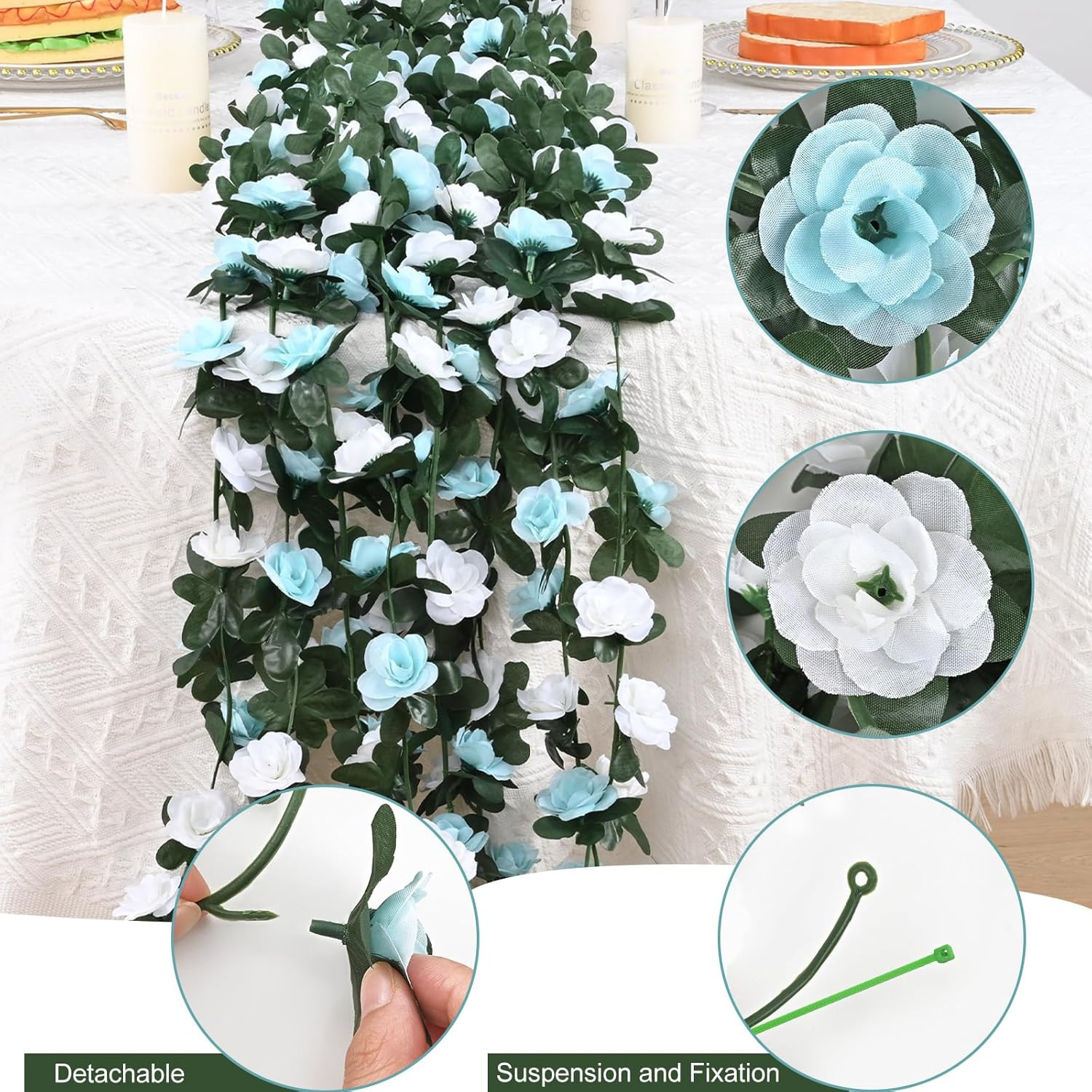 Flower Garland – 5 Strands 41Ft Rose Vines for Bedroom Decor, Blue and White Ros