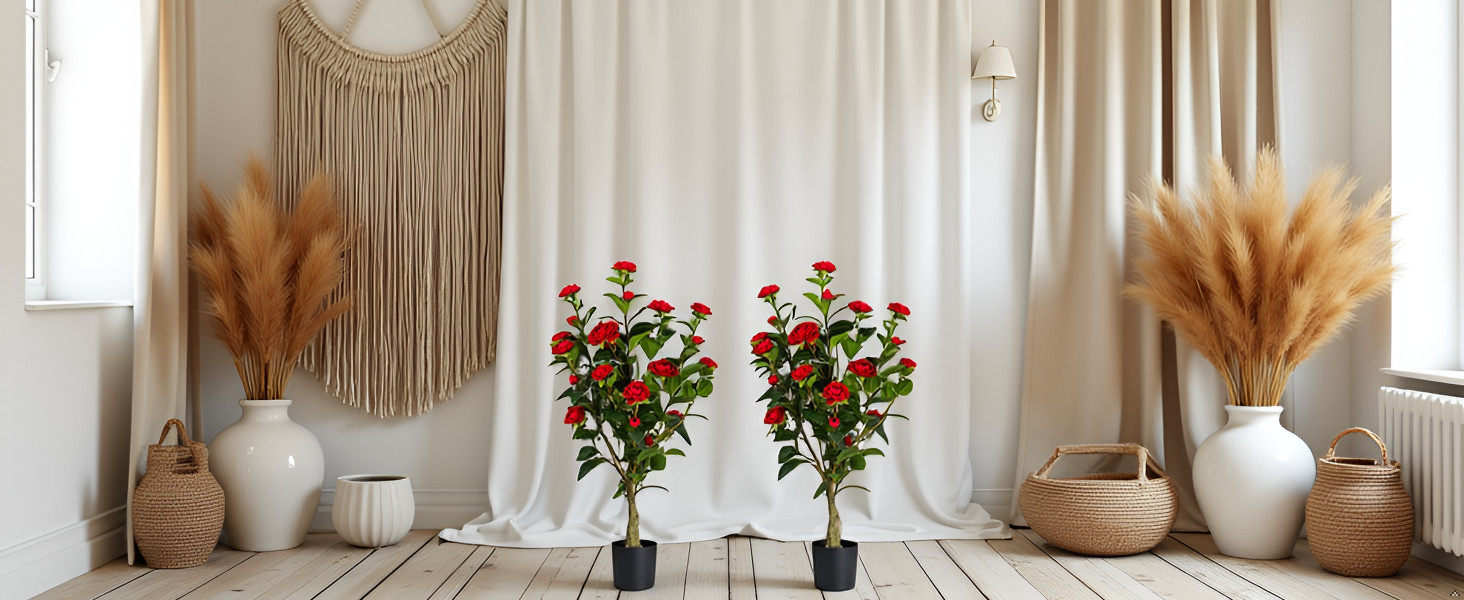 Artificial Camellia Tree 2 Pack, 3FT Faux Camellia Plant in Pot, 36 inch Fake