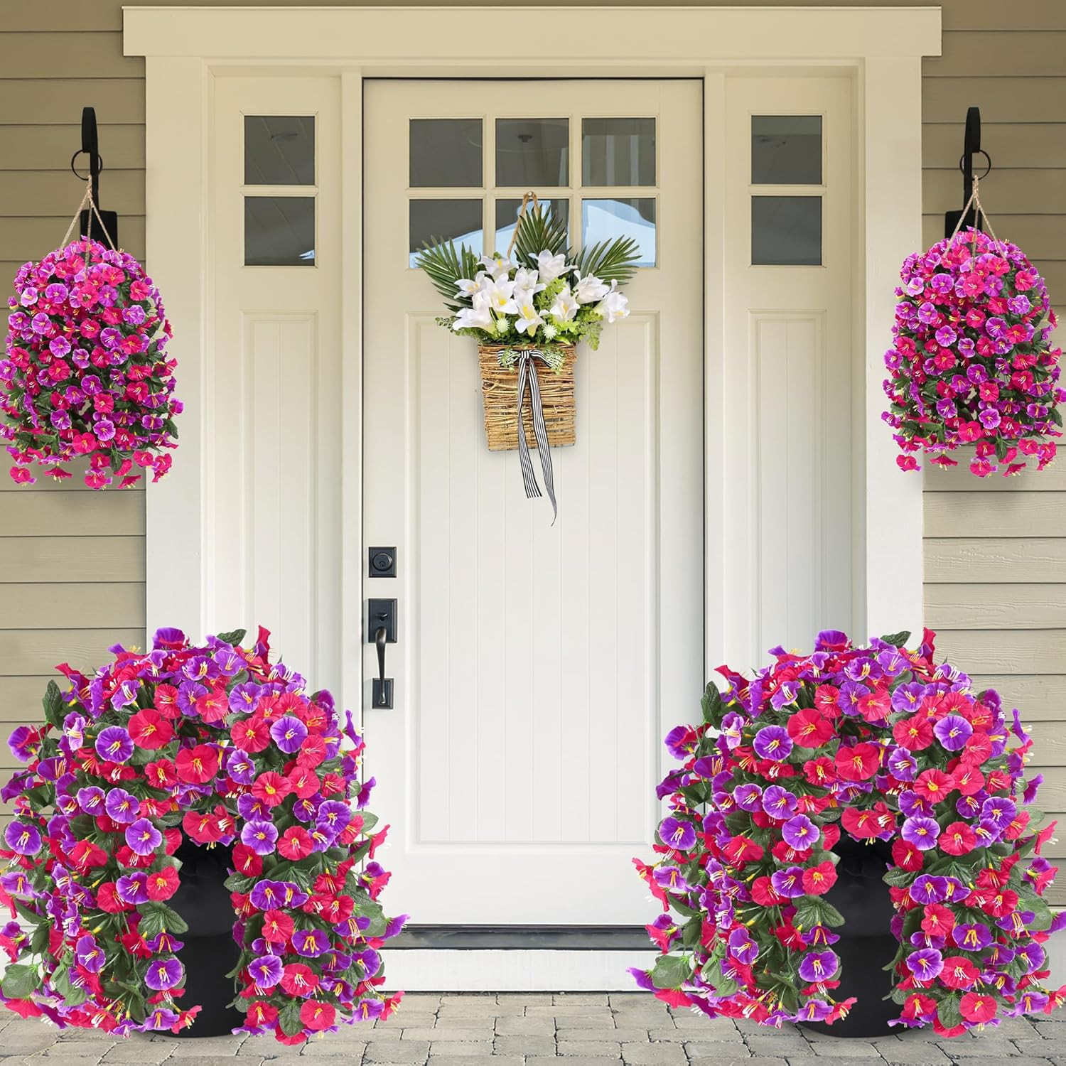 4Pcartificial Hanging Flowers Outdoor Uvresistant Morning Glory Rose Red Magenta