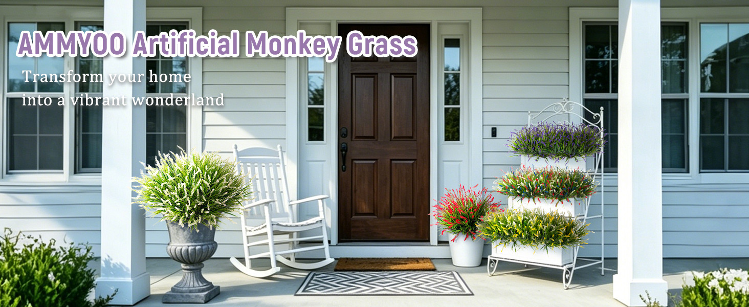 Artificial Faux Plants Flowers for Outdoor Decorations, Fake Monkey Grass for
