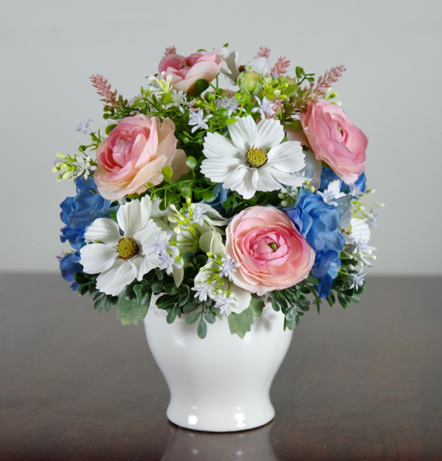 Silk Pink Ranunculus and Blue Hydrangea Arrangement in White Ceramic Bowl