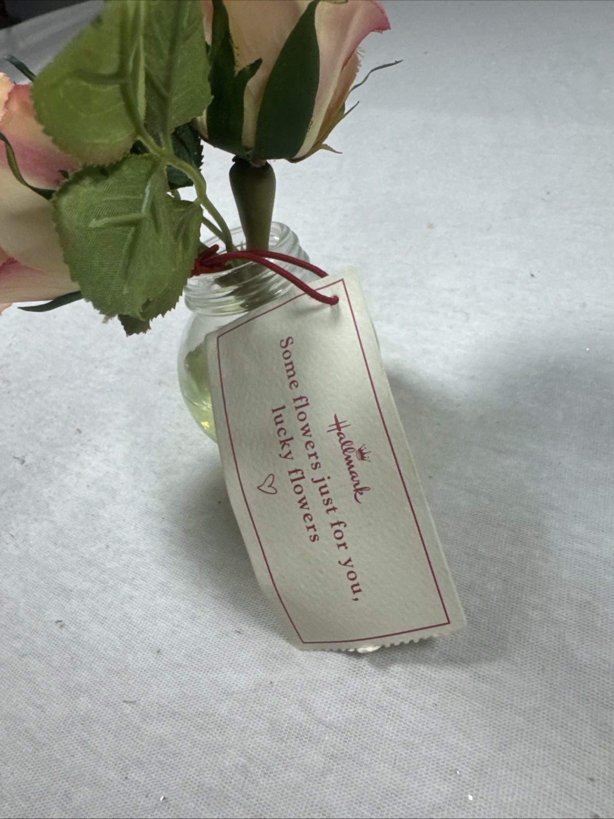 Hallmark Faux Peach Pink Roses Mini Glass Vase Arrangement New With Tag vintage