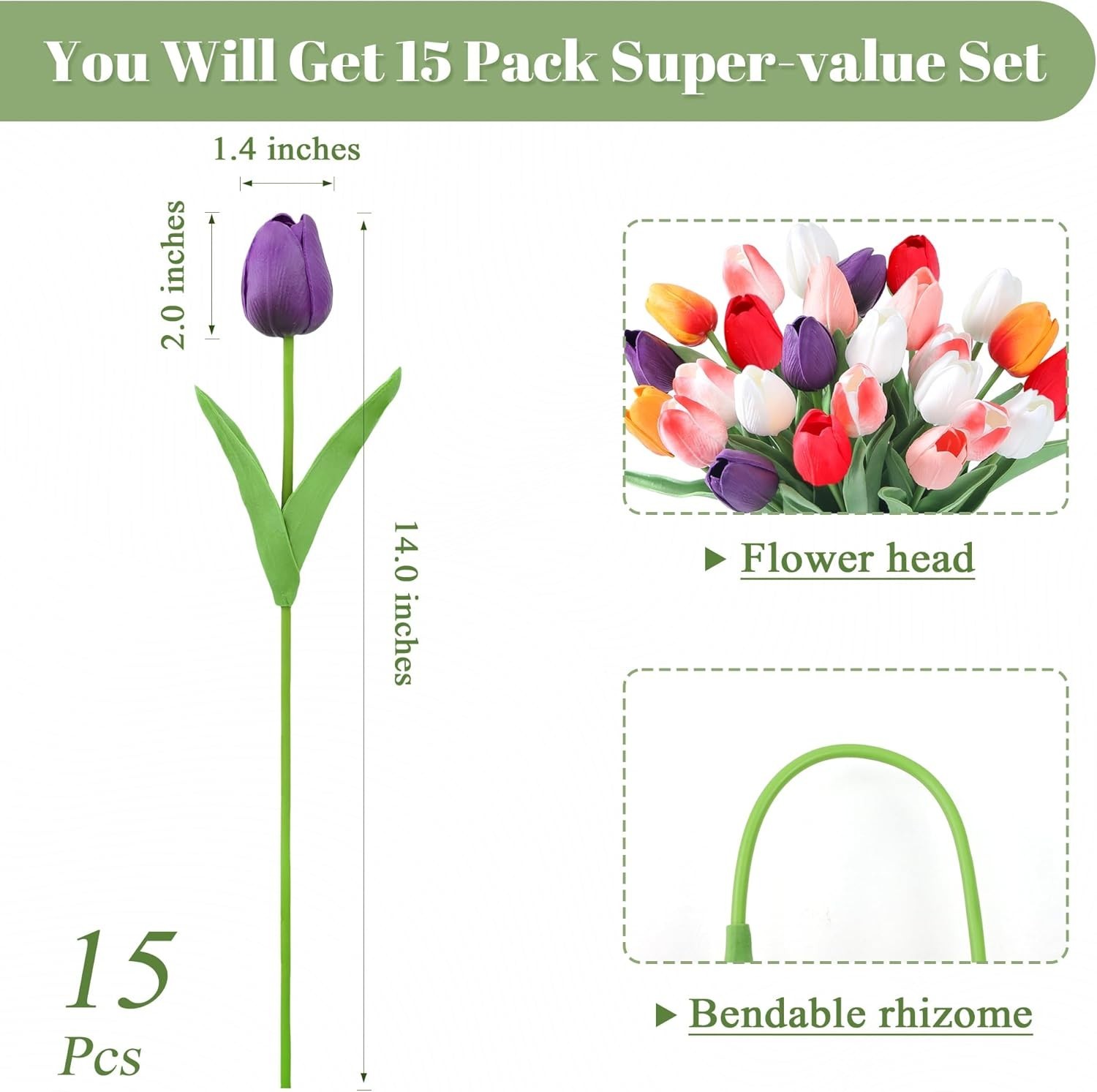 Fake Flowers Tulips Artificial PU Flower 15pcs Real Touch 14″ for Spring East…