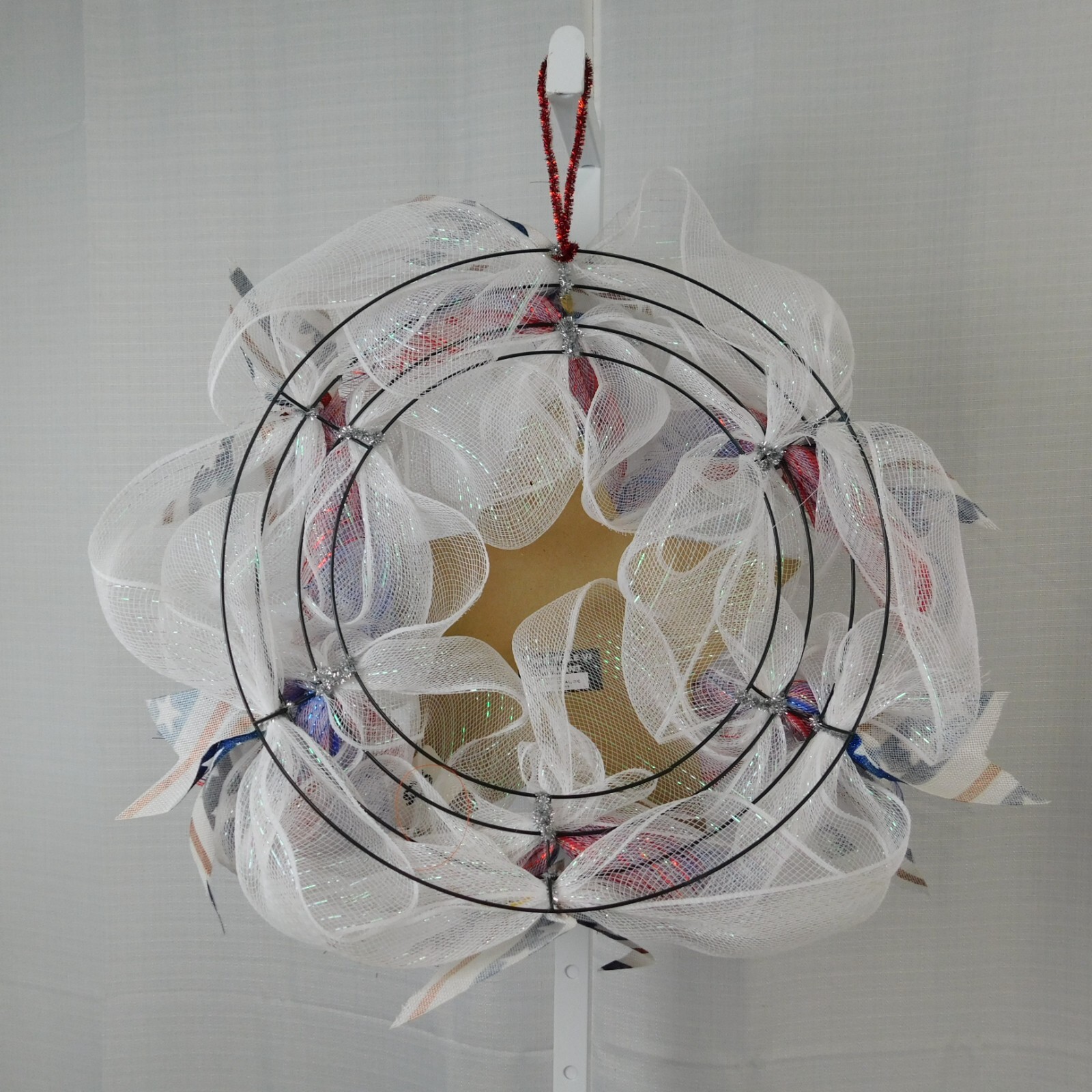 Handmade Mesh Wreath Patriotic God Bless America Glitter Star July 4th #C316
