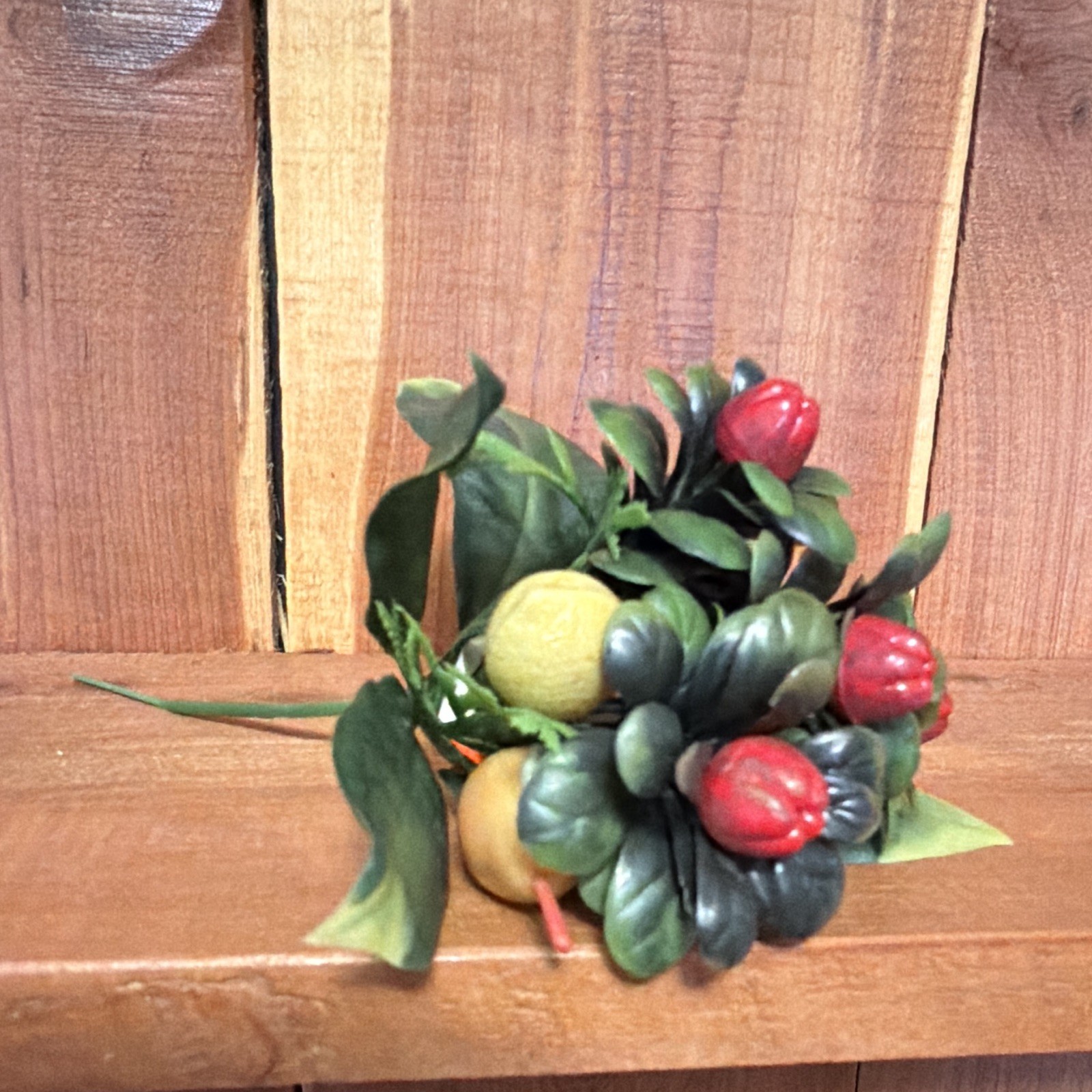VTG Artificial Berry Floral Pick with Green Leaves, Red & Yellow Fruit, 7 in