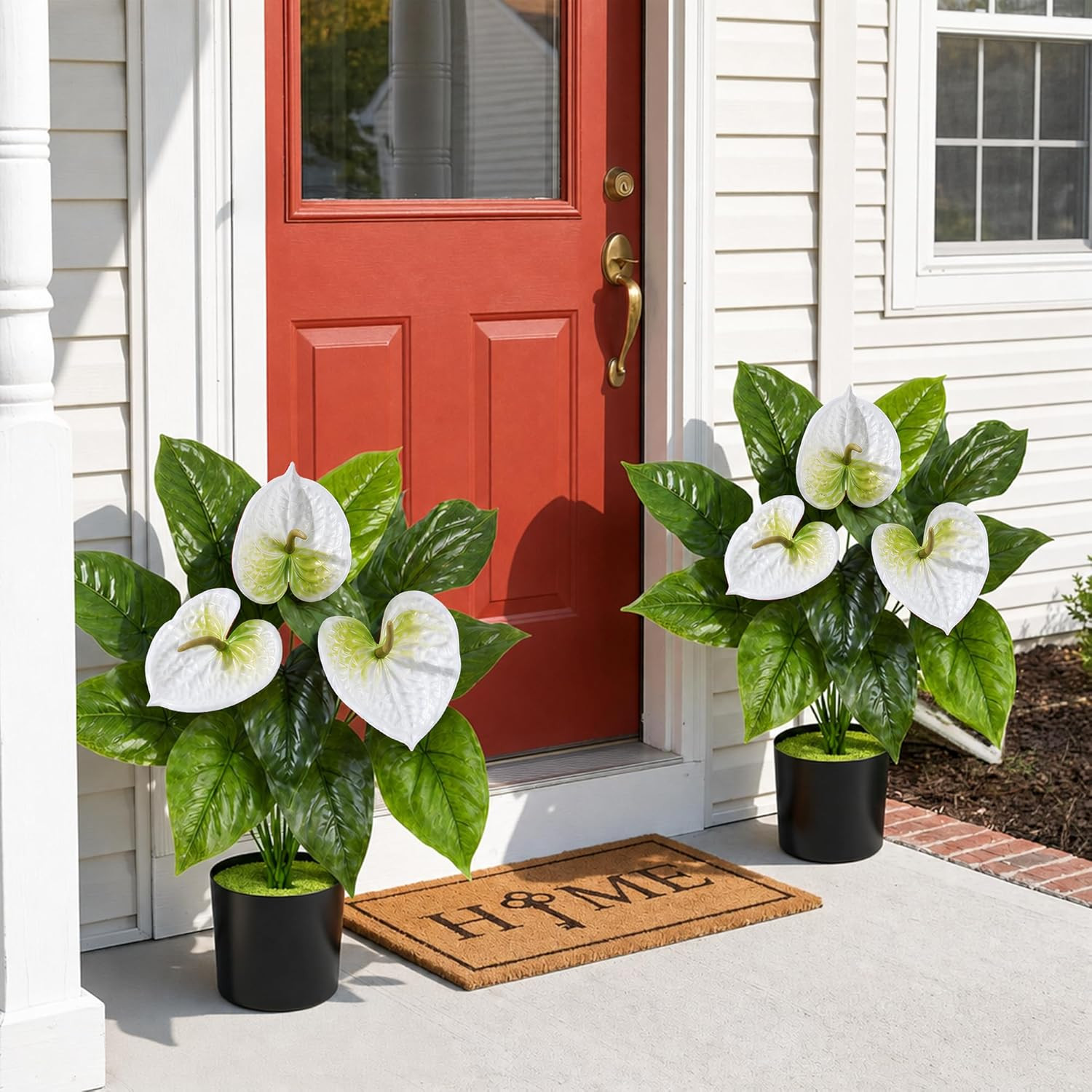 2 Pack Anthurium Artificial Flowers Plants with Pots for Indoor Outdoor Decorati