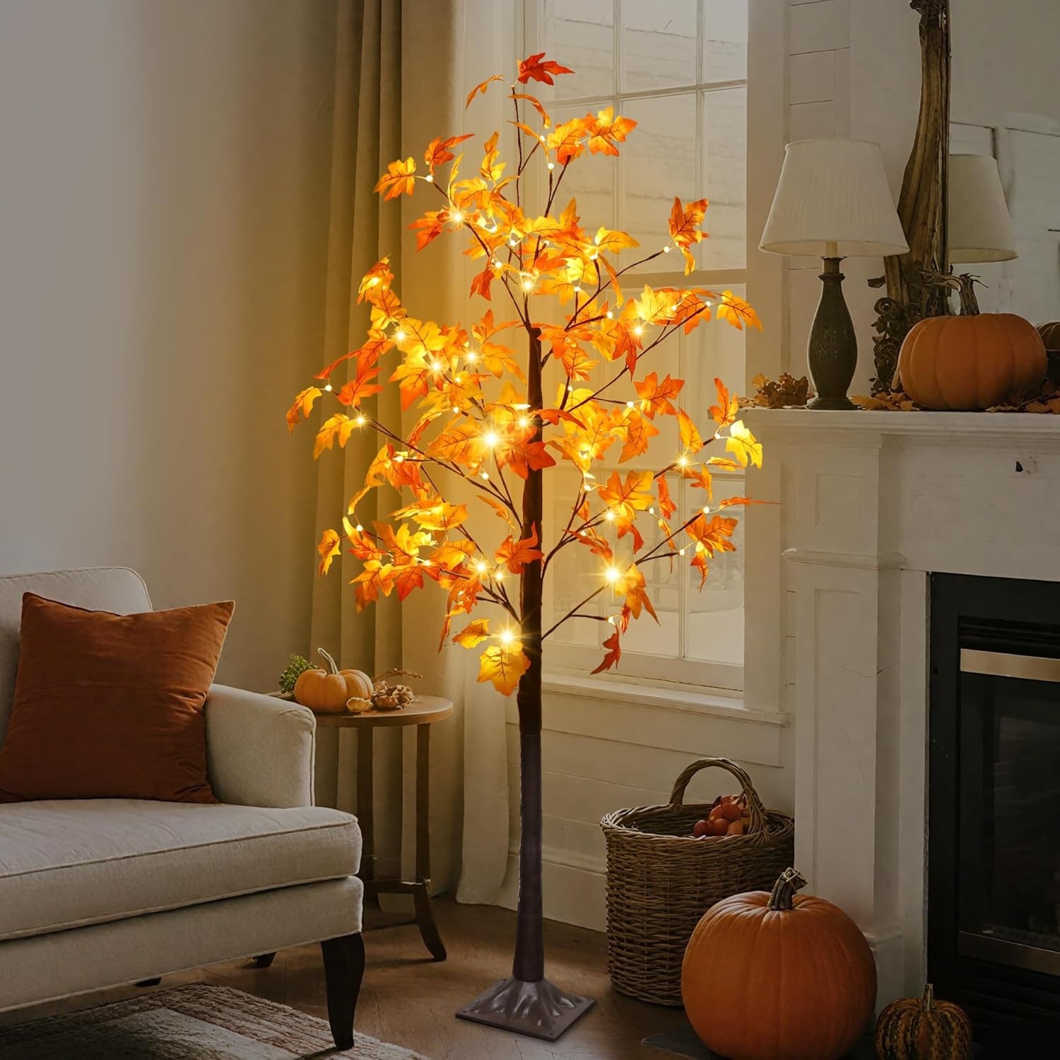 5 FT Fall Decorations for Home, Lighted Fall Maple Tree with LED Lights – Art…