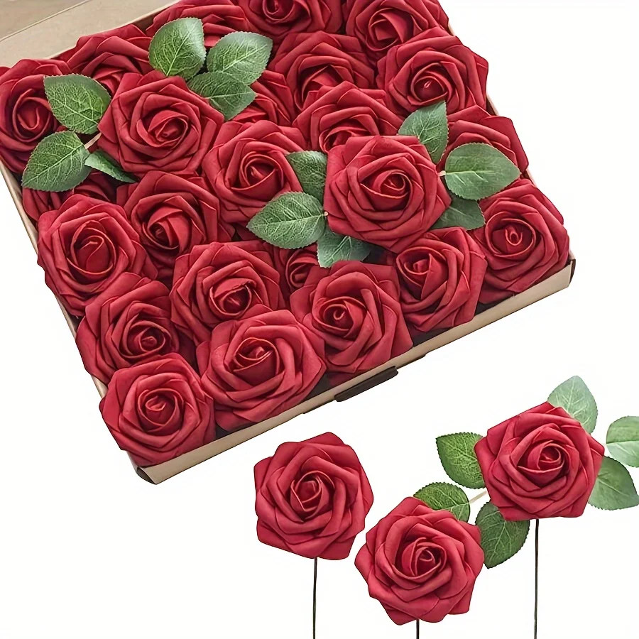 25Pcs Artificial Flowers Fake Flowers Roses Stem for DIY Wedding Bouquets Party