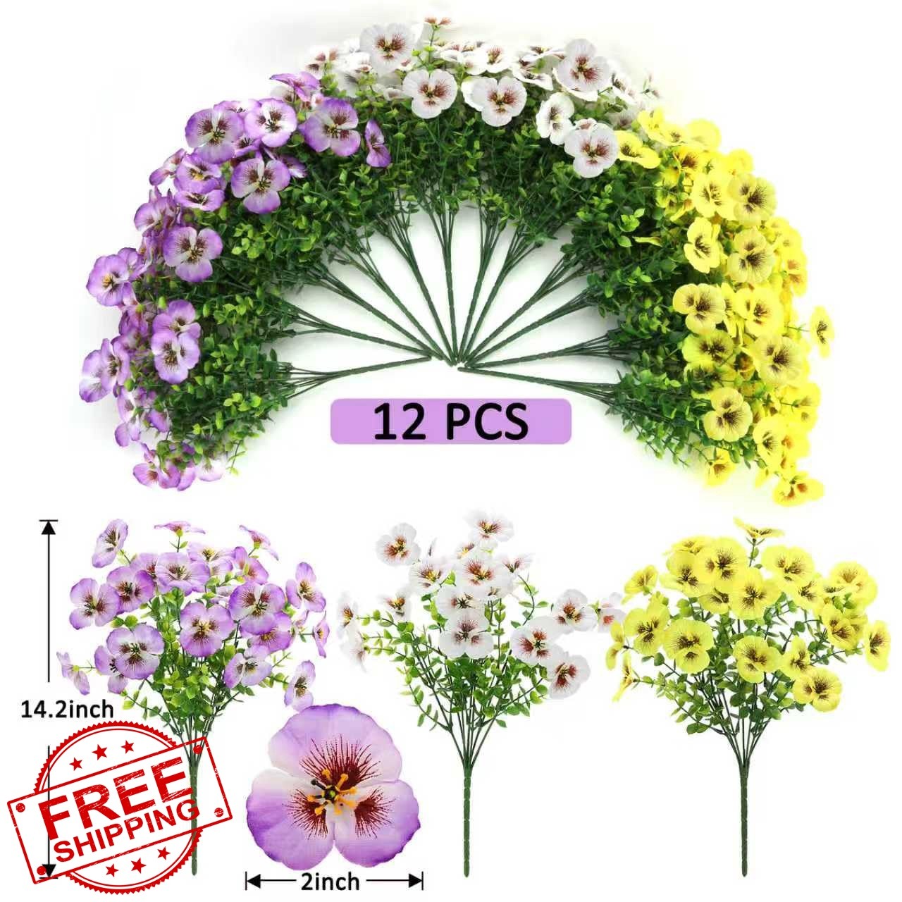 MERIXMAS 12 Artificial Flowers Yellow White Purple Silk Pansies