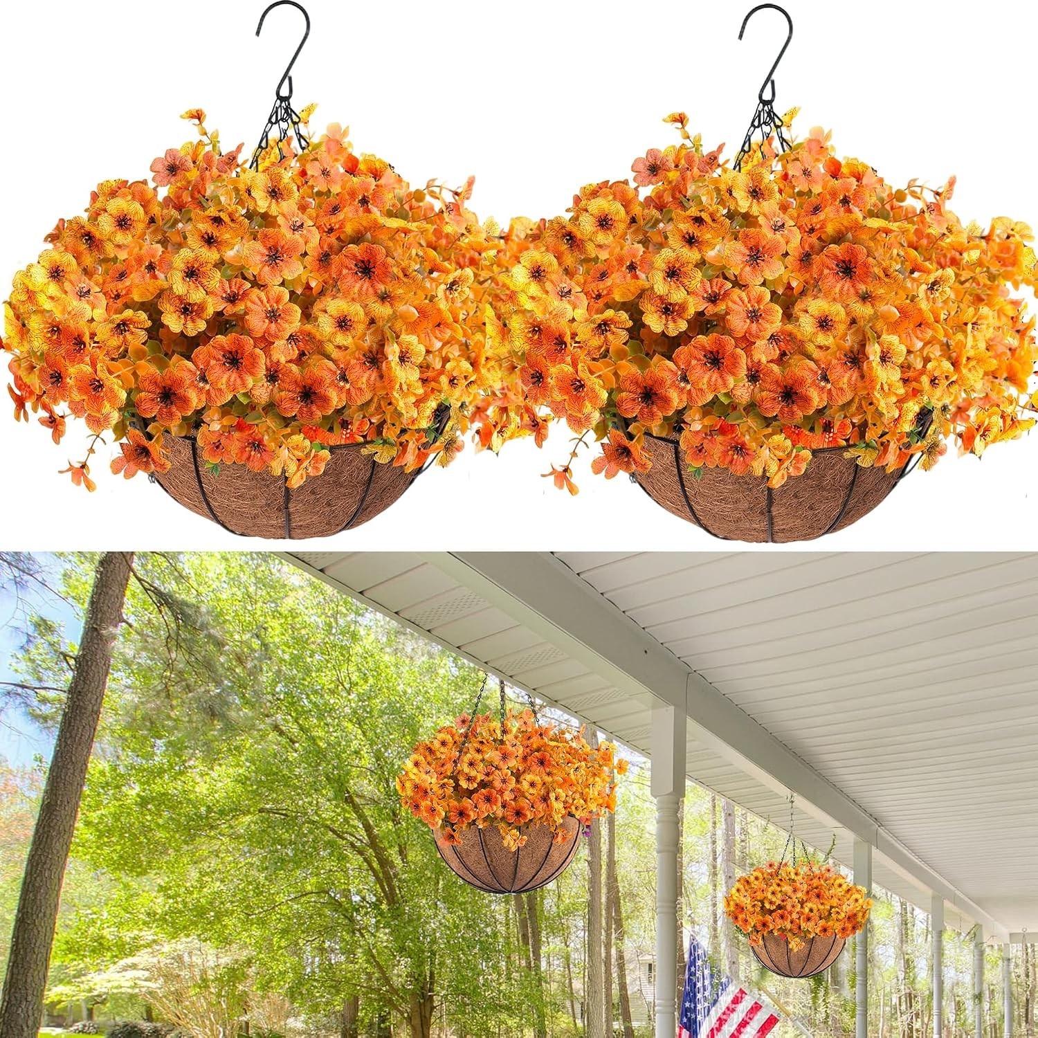 2pcs UV Resistant Artificial Fall Mums Hanging Basket for Vibrant Outdoor Decor