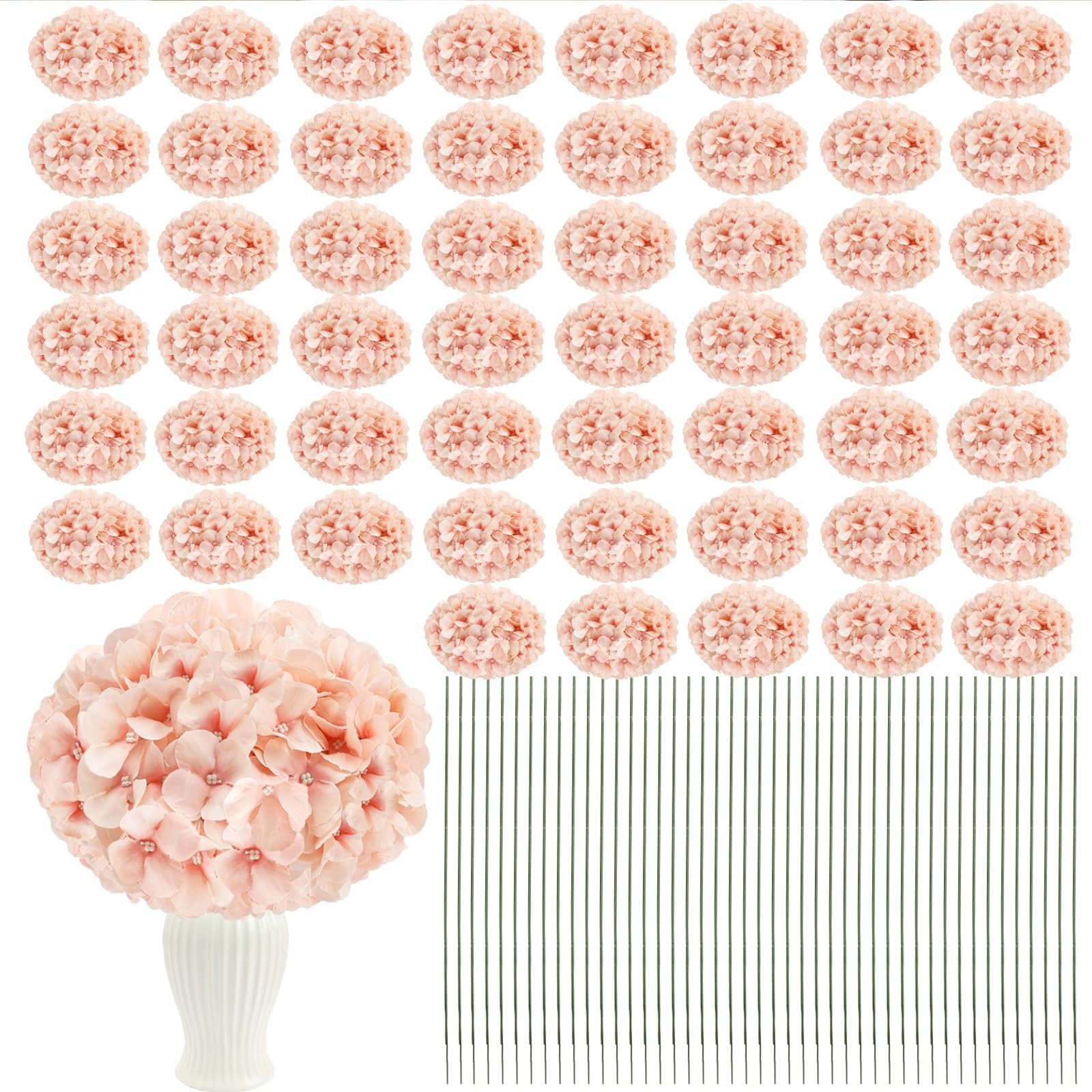 Hydrangea Artificial Flower 104 PCS Silk Flower Heads with Stems, Blush Full …