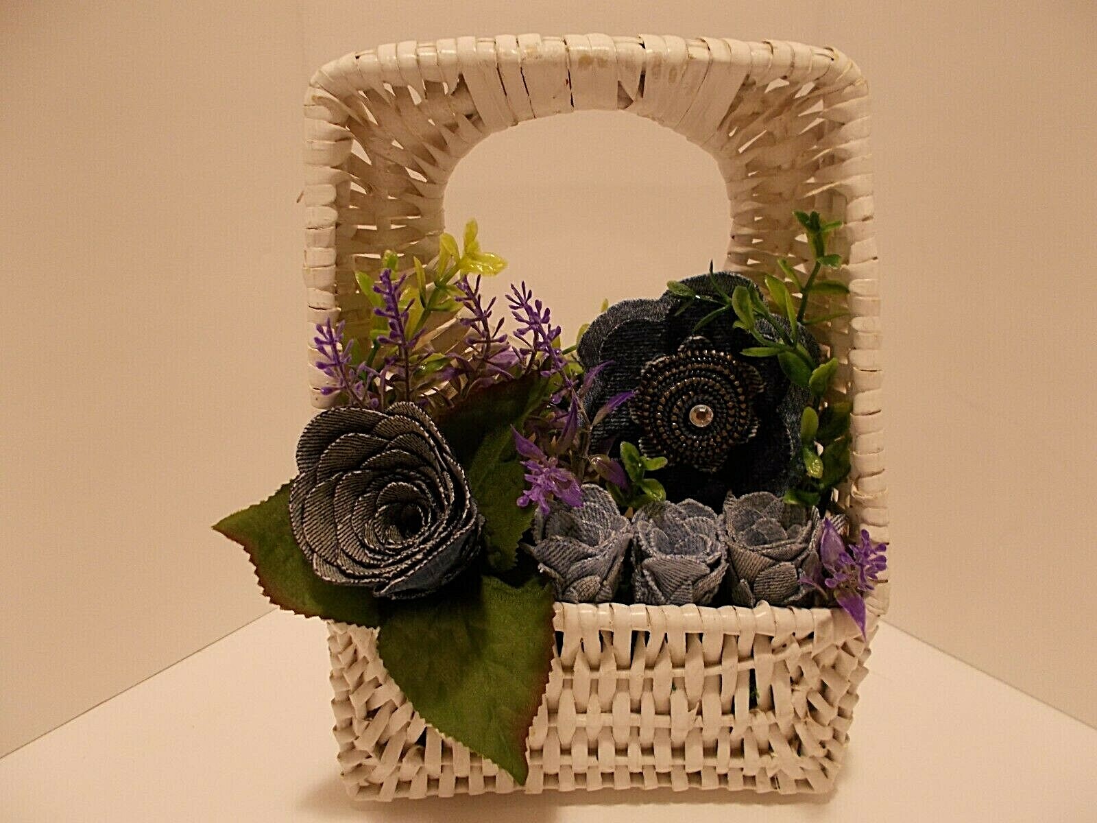 White Wicker Pocket Basket w Denim Roses Denim Zipper Flower w Faux Lavender