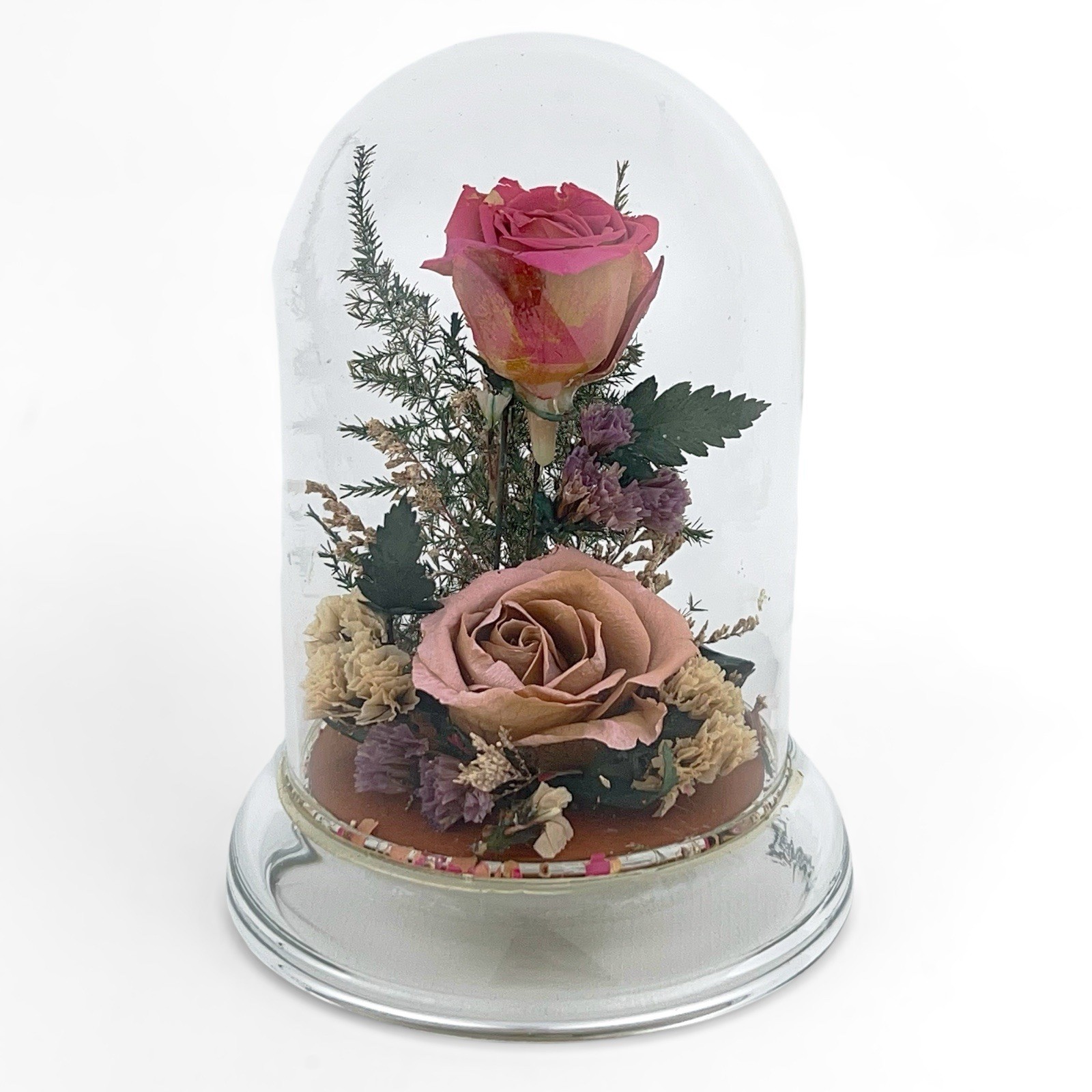 Vintage Dried Pink Rose Flower Arrangement Preserved in 5″ Glass Dome