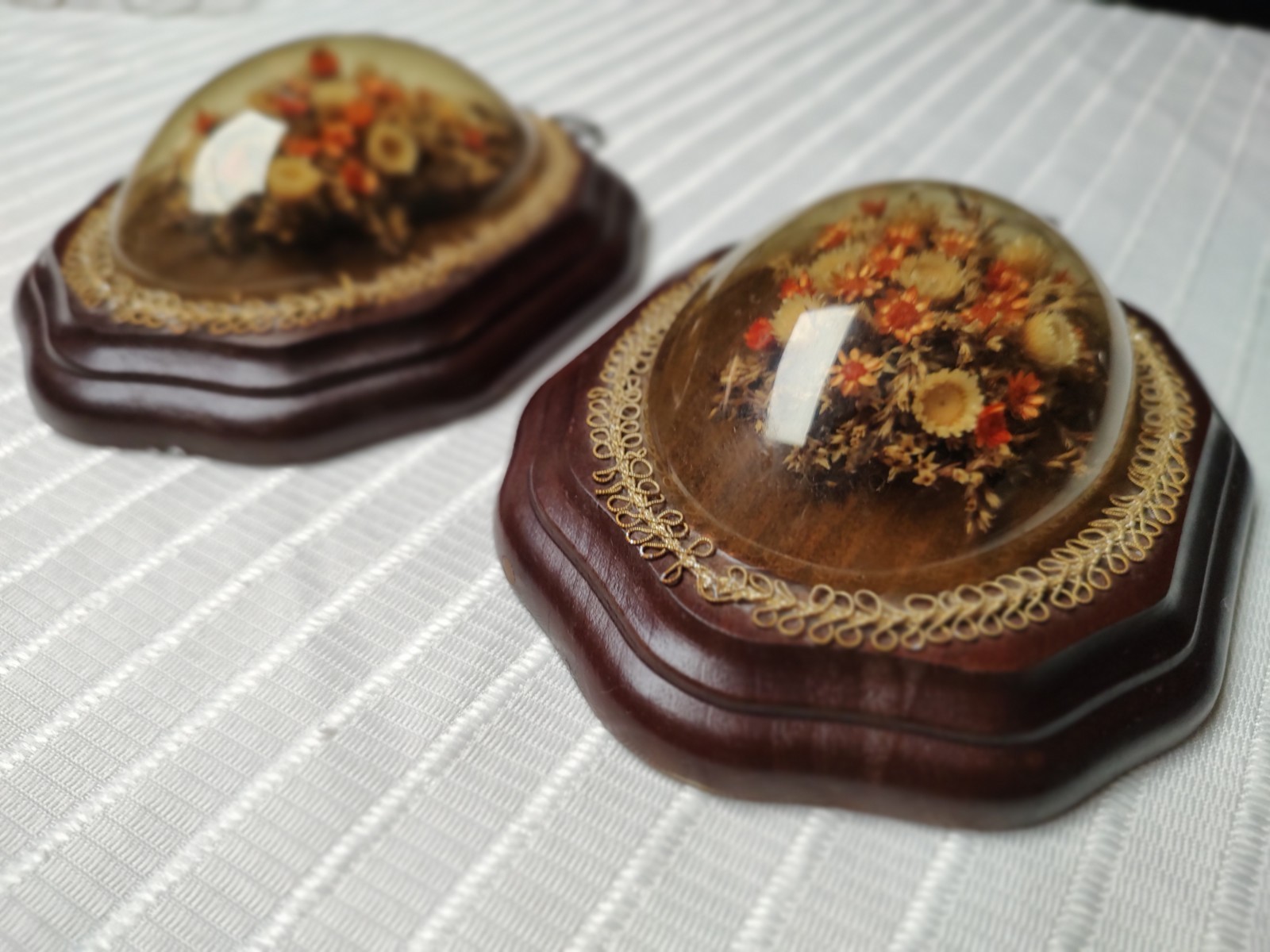 Pair Of VTG Wall Art Dried Floral Bouquet Under Clear Dome Botanical Flowers