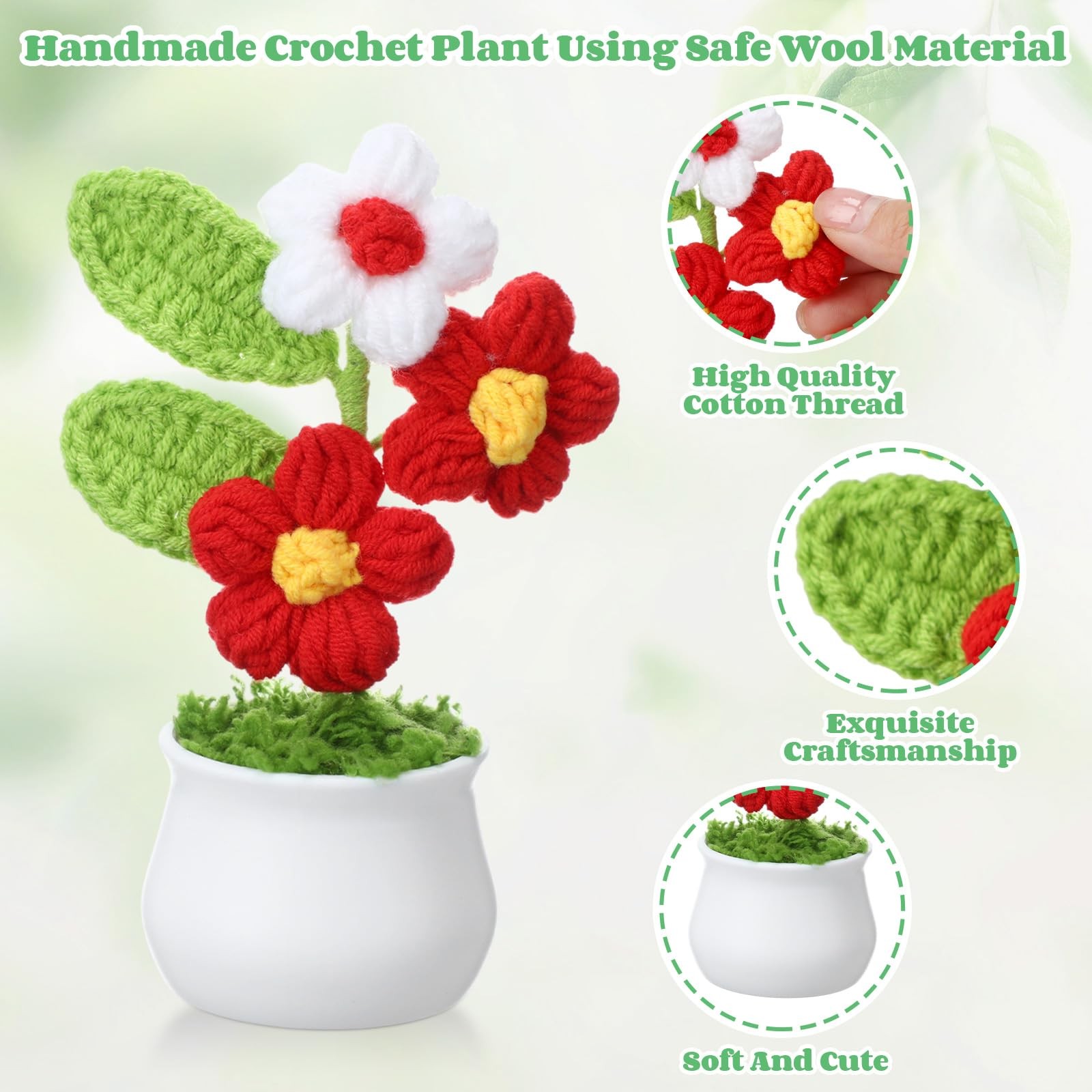 9 Pack Crochet Flower Pot Bulk, Crochet Puff Flowers, Small Potted Plant Bouq…