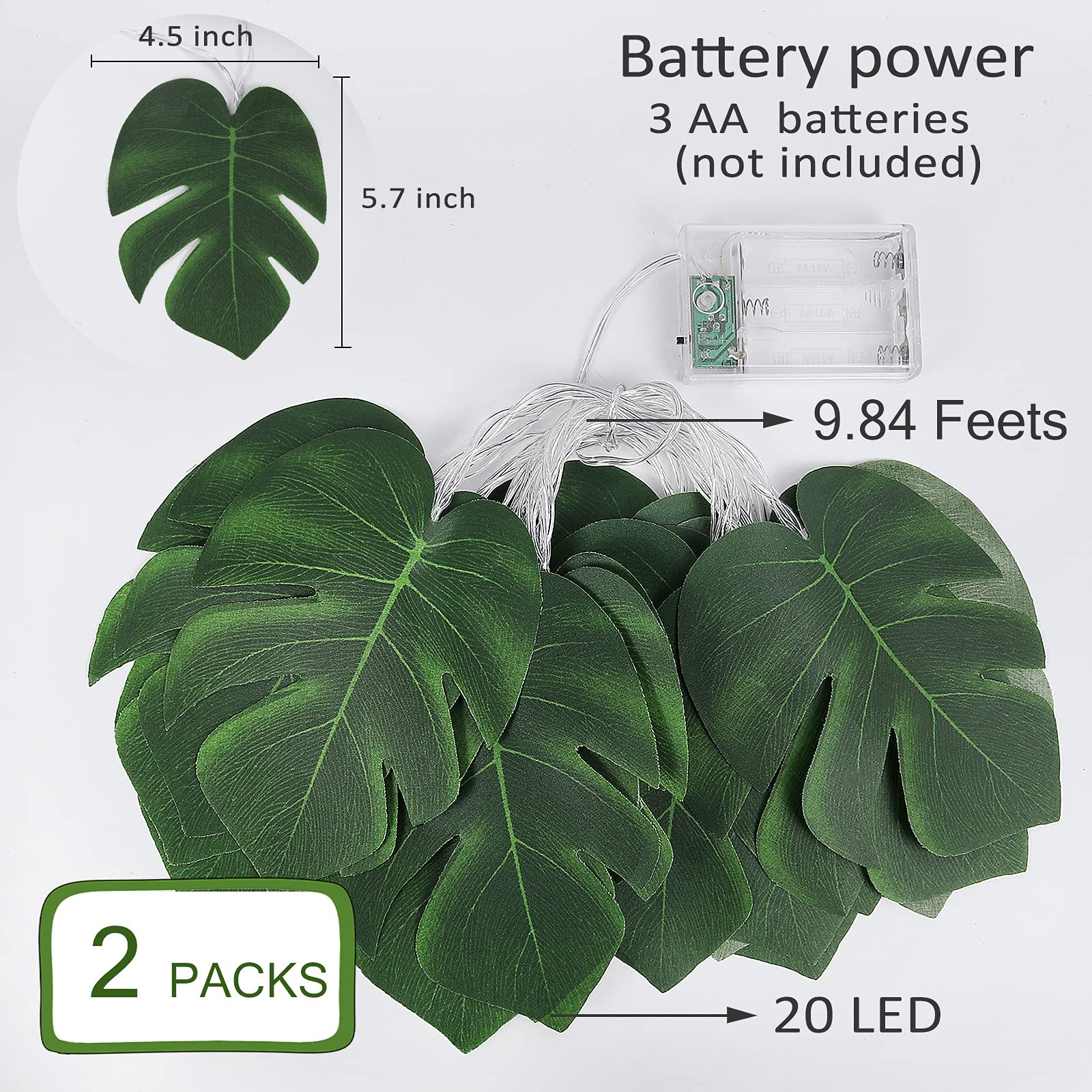 RECUTMS Monstera Leaf String Lights 2 Pack, 20LED Tropical Artificial Rattan
