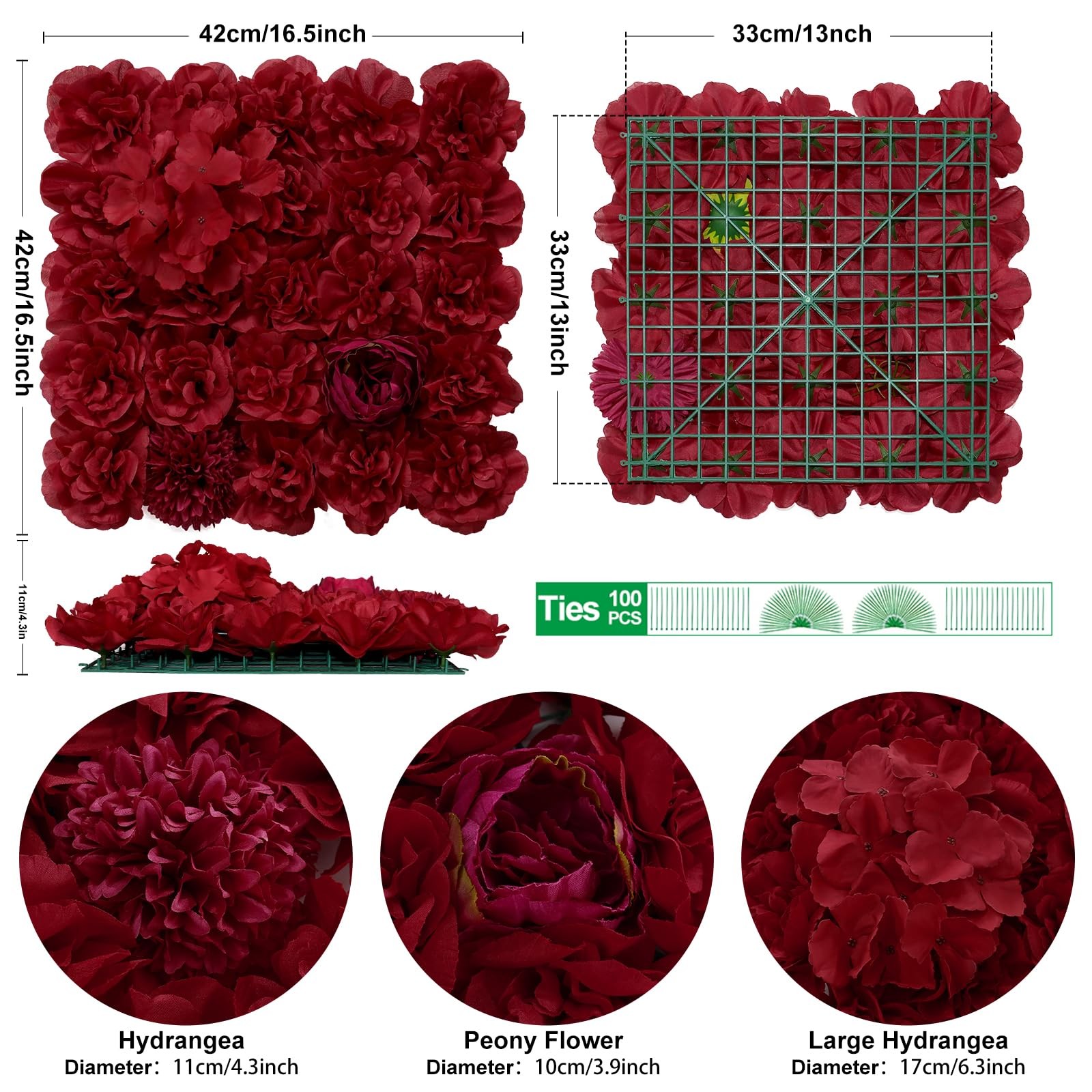 Artificial Silk Rose Flower Wall Panels 12 Pcs Maroon 16.5×16.5 Inch Backdrop