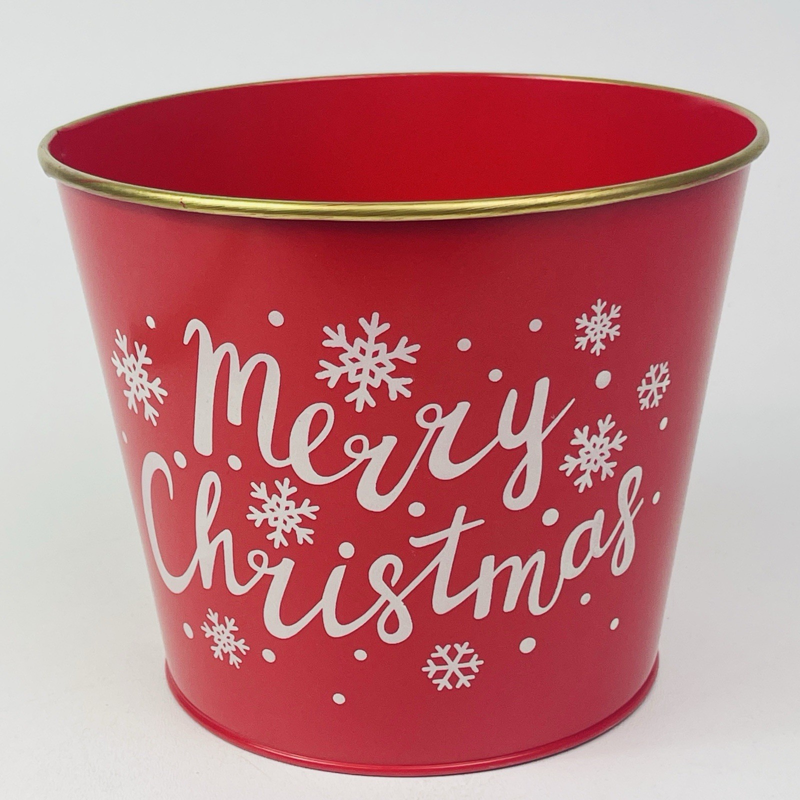 Round Tin Merry Christmas Red Flowerpot Can Home Decor Bucket