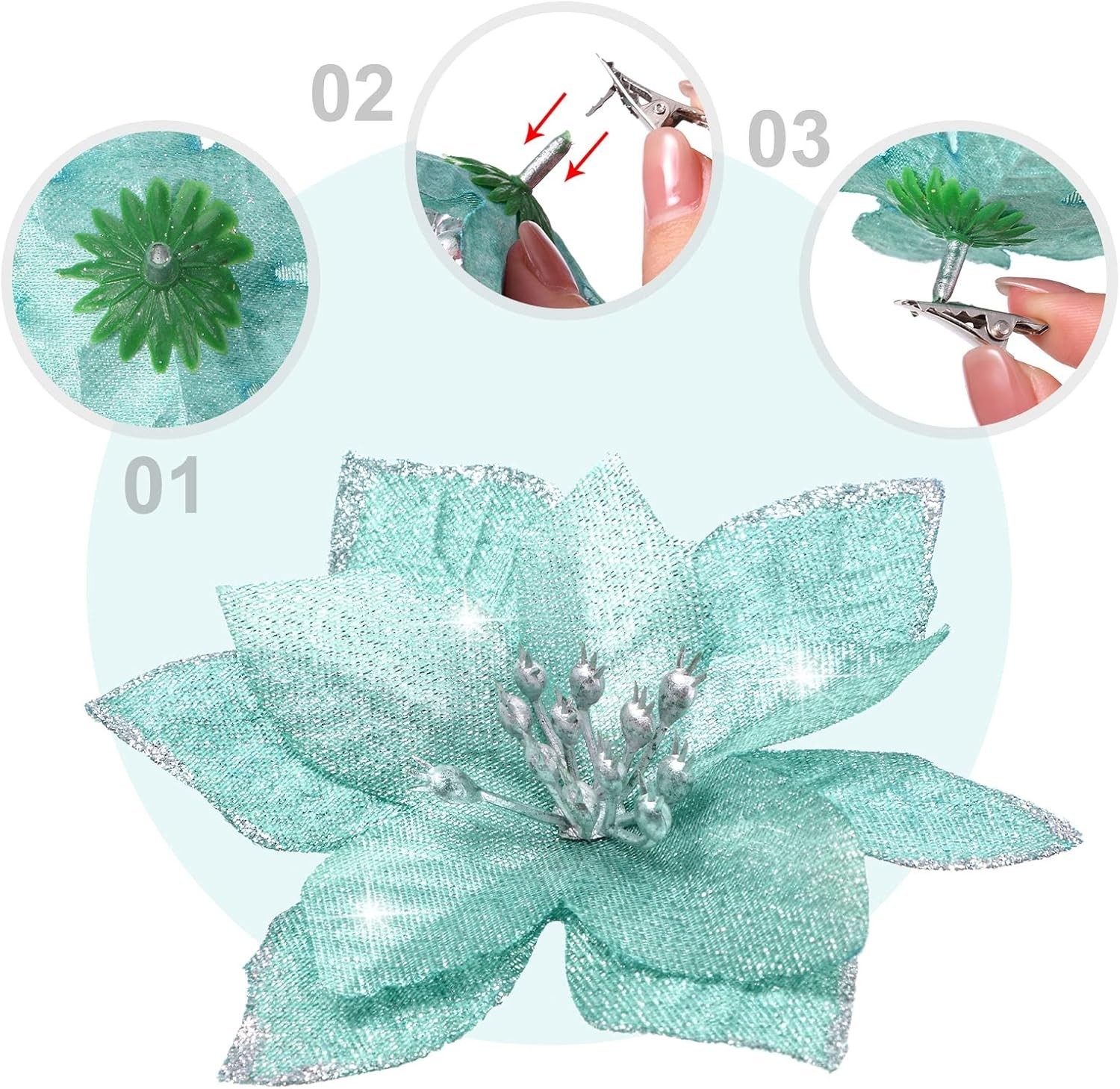 Deluxe 24 Pcs Blue & Green Glitter Poinsettias – Perfect for Christmas Wreaths