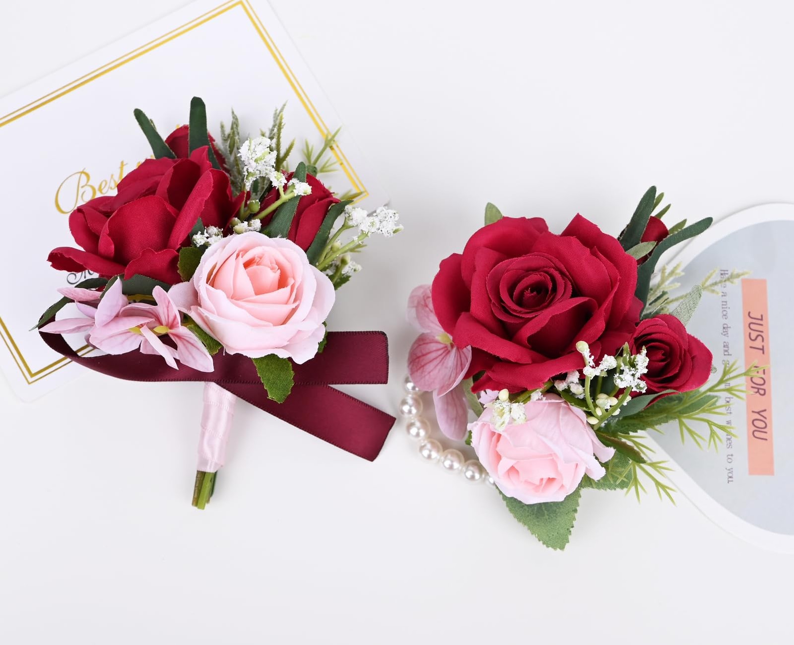 2 PCS Boutonniere Wrist Corsage Set Artificial Rose Men Women Red Pink Decor