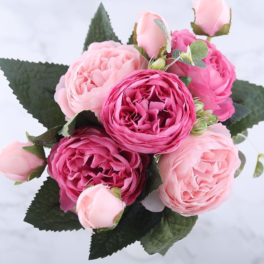 30cm Silk Rose Peony Artificial Flower Bouquet 5 Big Head 4 Small Bud Home Decor
