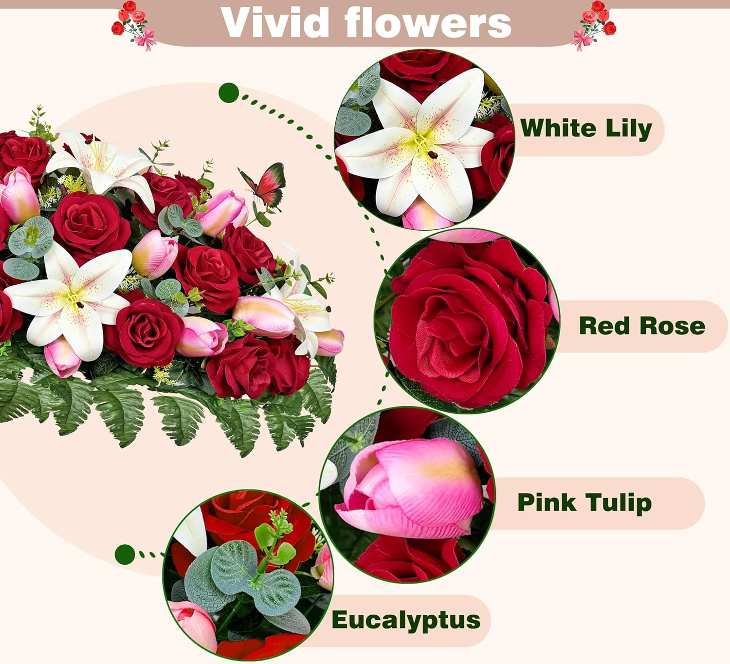 Realistic Silk Cemetery Flowers – Pink Tulip, White Lily, Red Rose Saddle Decor