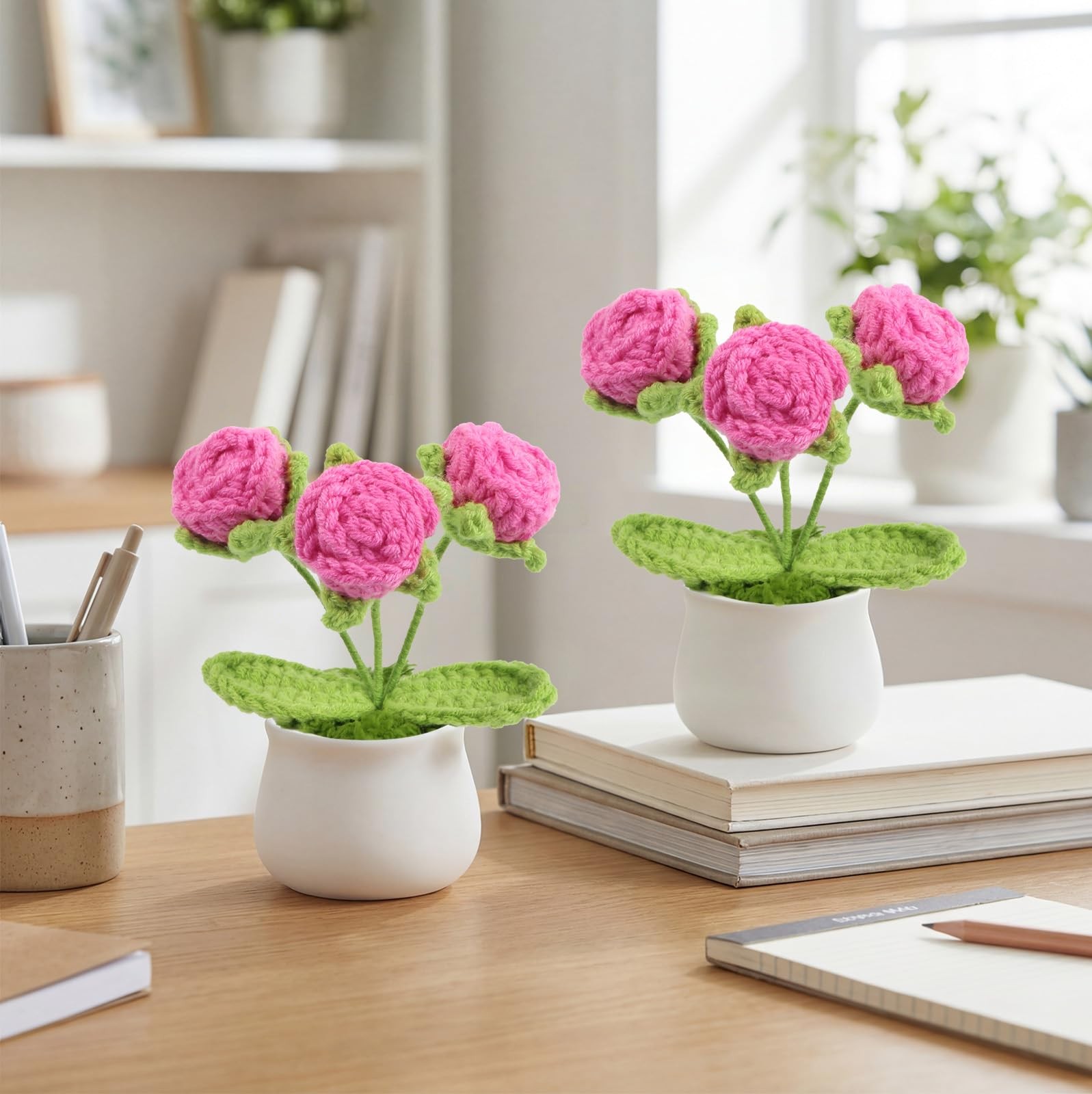 2PCS Crochet Flowers Hot Pink Roses Crochet Roses Mini Potted, Handmade Mini …