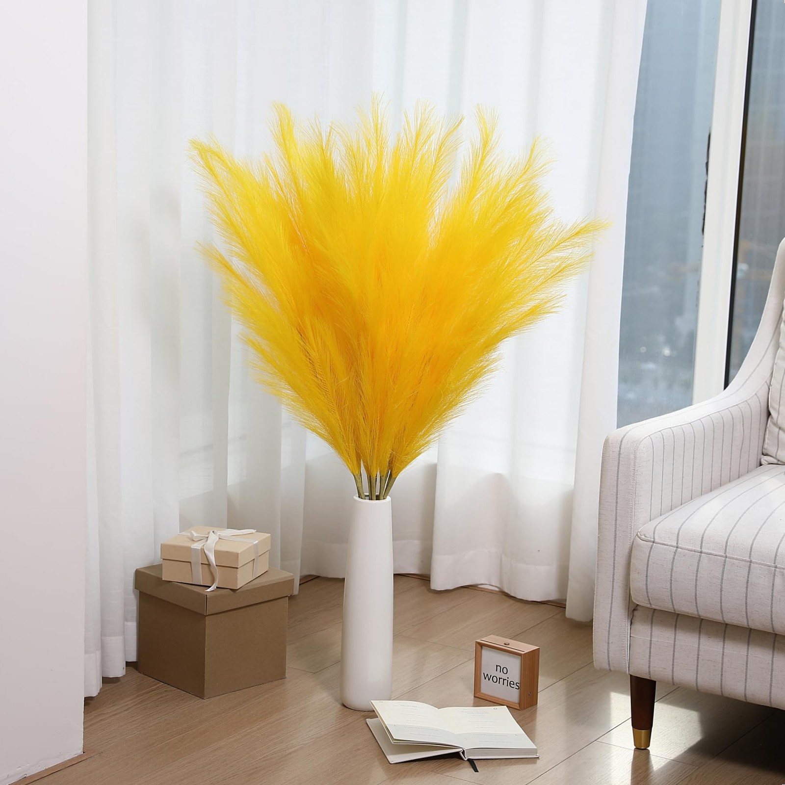 8 Pcs 45 Inch Tall Yellow Pampas Grass Faux Artificial Floor Vase Wedding Decor