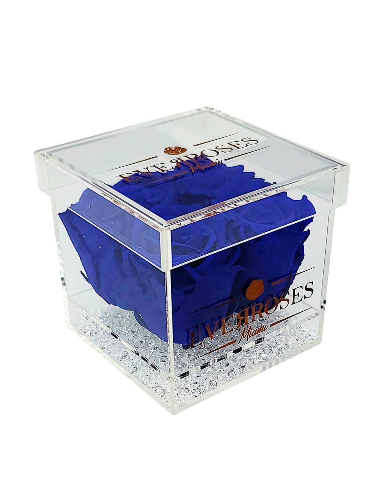ROYAL BLUE Rose in a square shaped acrylic box real long-lasting preserved rose