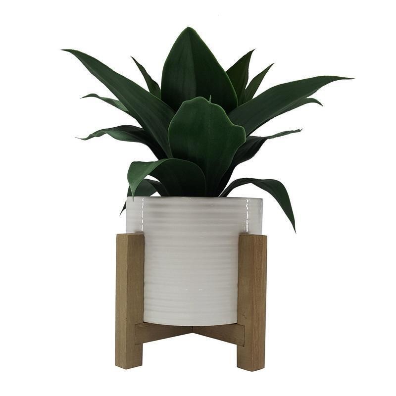 10 Inch Artificial Agave Plant White Ceramic Pot Wood Stand Indoor Decor New
