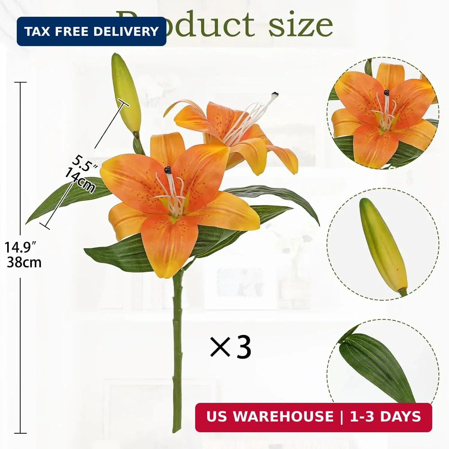 Oairse Artificial Tiger Lily Silk Flowers – 3 Pcs Faux Lily Flower 14.9″ Fake Li