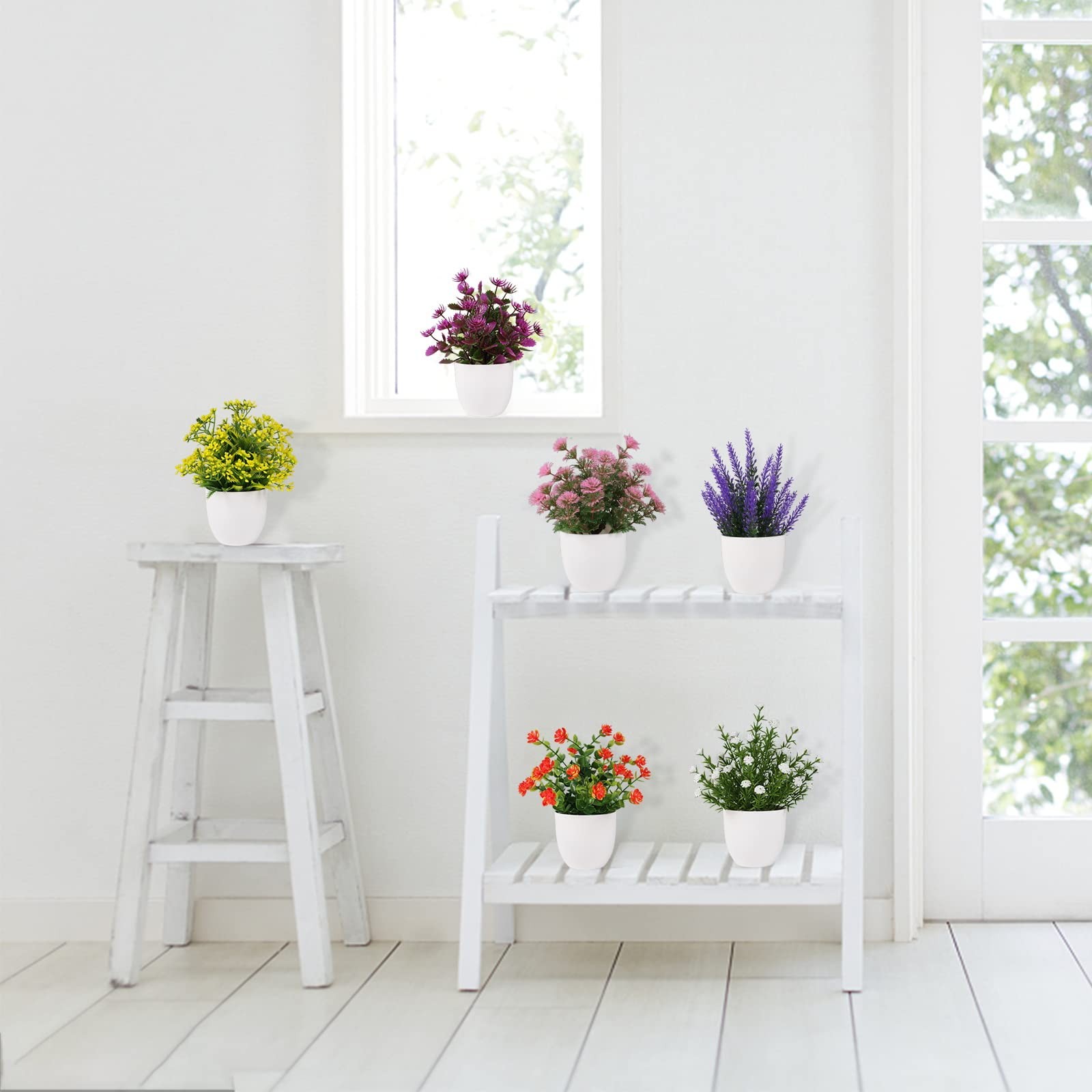 6 Pack Small Artificial Flower Potted Plants, Mini Faux Flowers in Pots