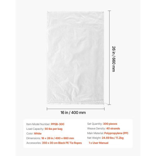 Empty Sandbags, 300 Packs 16 x 26 in, Heavy Duty Sand Bags Sacks with Ties, 50lb
