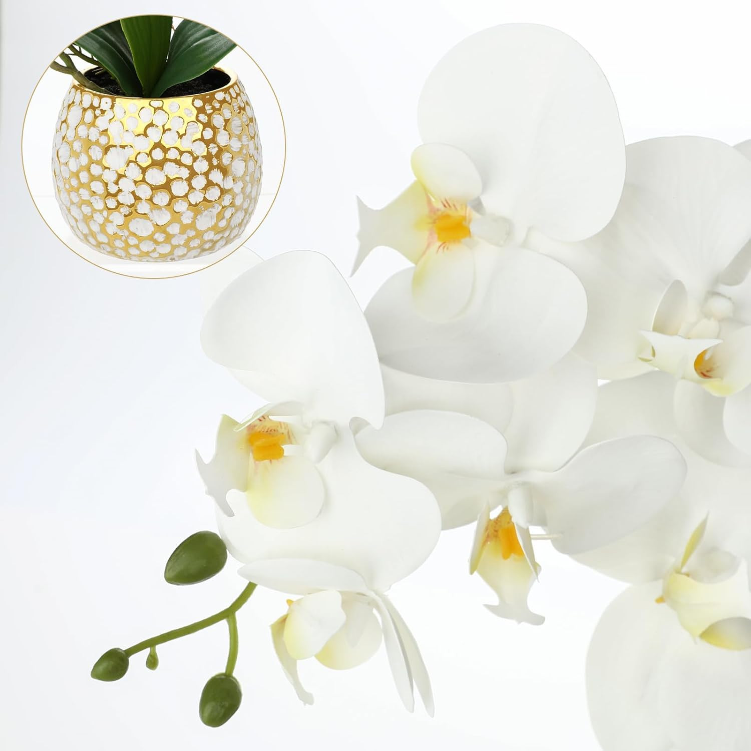 Elegant White Orchid Silk Flowers in Gold Pot for Home Décor Centerpiece