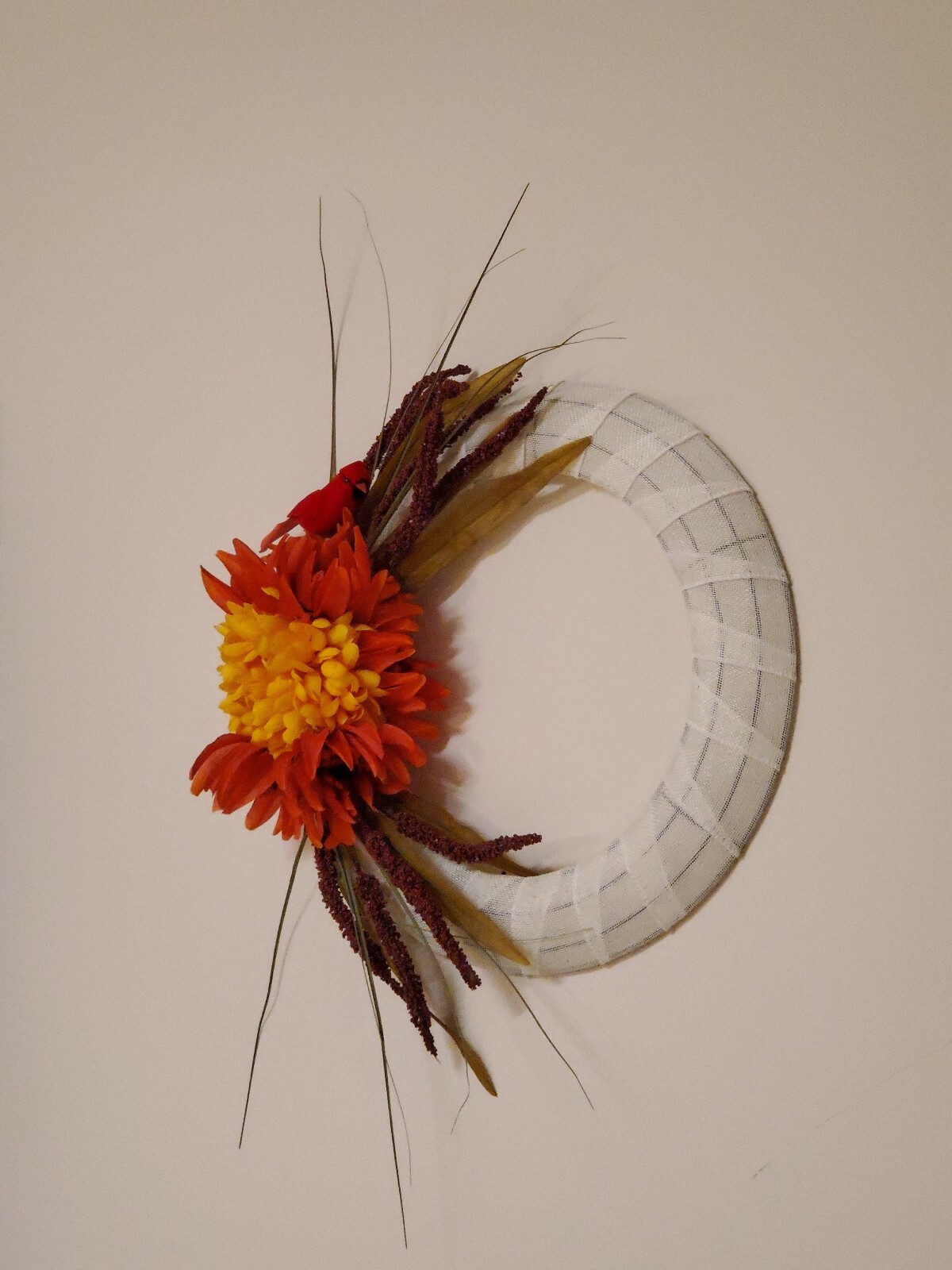 Heather MUM white orange red CARDINAL burlap WREATH FALL autumn Decor Front Door