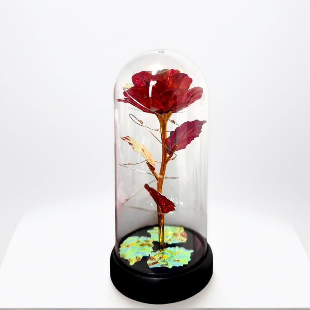 Eternal Glass Rose in Display Dome | Glass Flower with Colorful Base, a Perfect