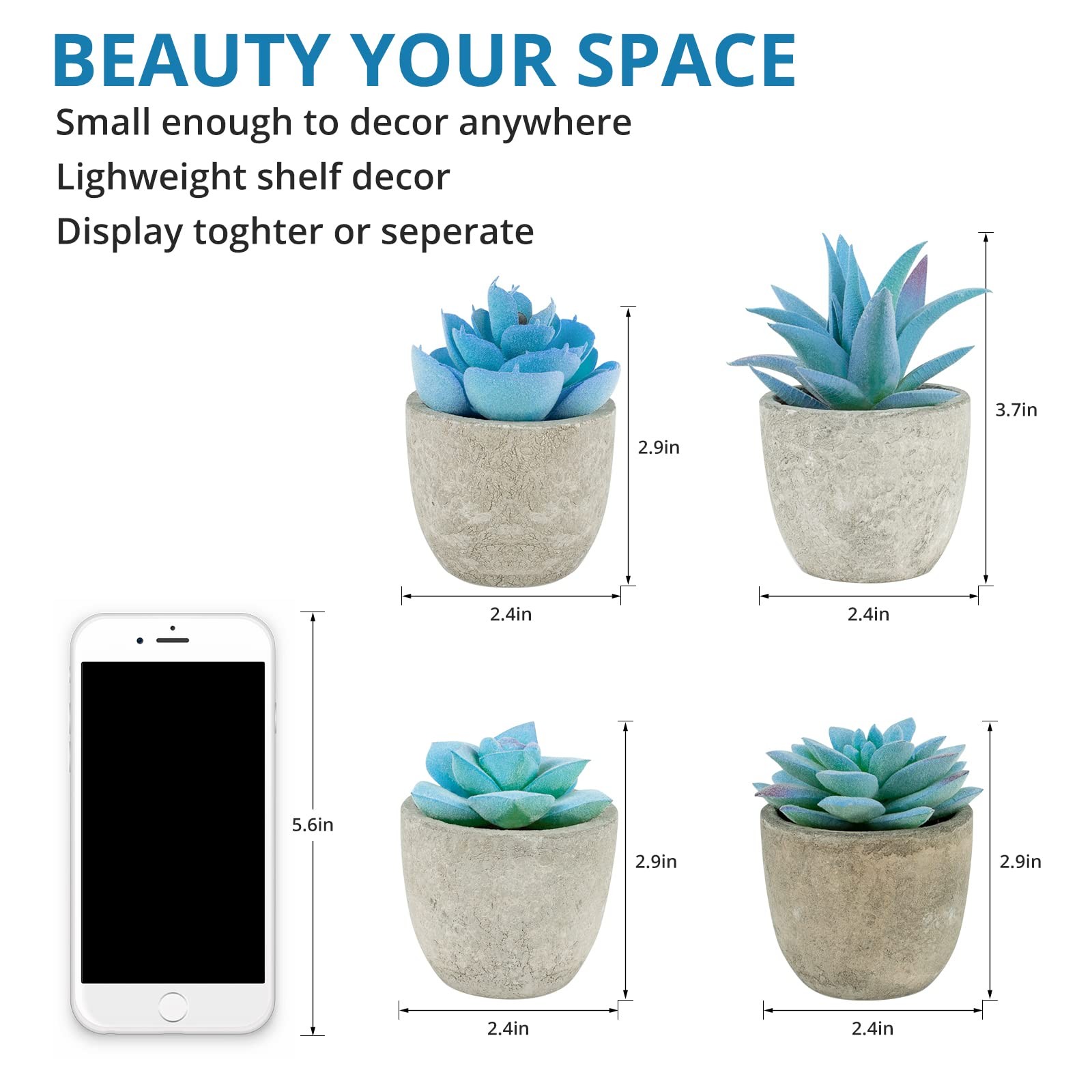 4 Pack Blue Fake Succulent Plants in Pots, Mini Potted Artificial Succulents …