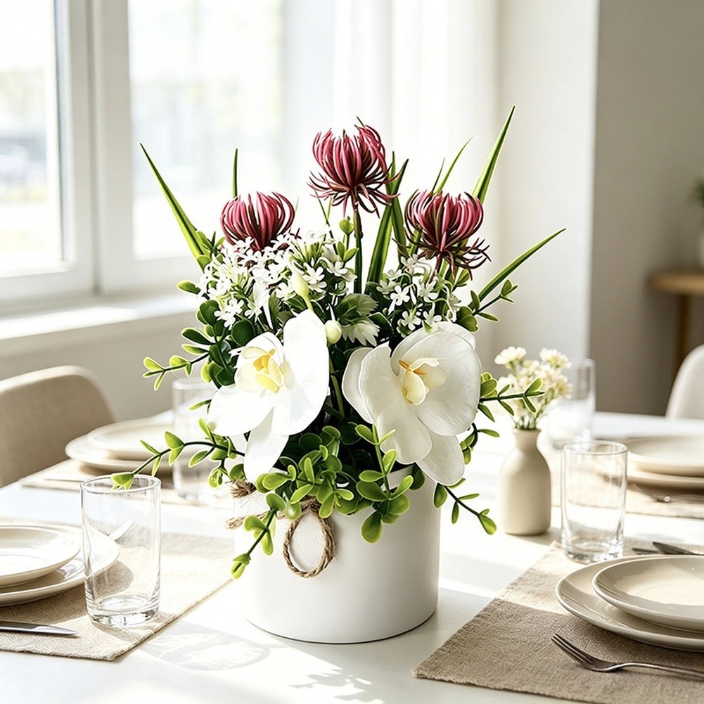 Realistic Soft Film Orchid and Chrysanthemum Arrangement 9.05in Height