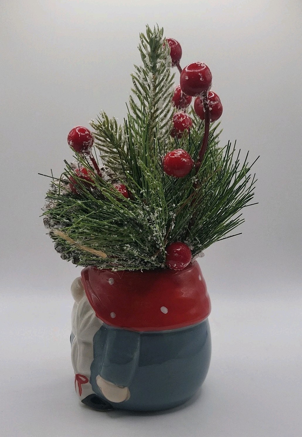 Artificial Christmas Pine & Berry Arrangement w/ Ceramic Santa Gnome 8 Inch