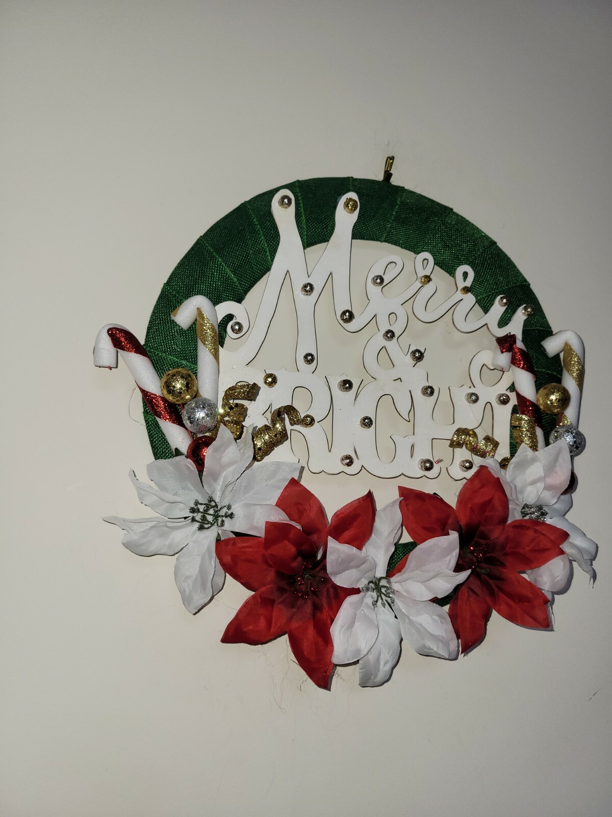 MERRY and BRIGH red poinsettias Mesh Front Door Wreath Wall Decoration CHRISTMAS