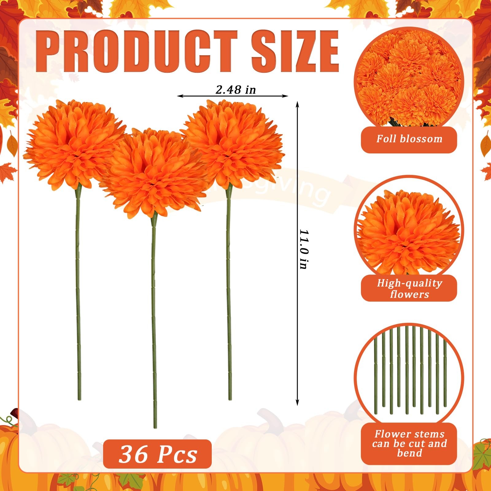 Artificial Chrysanthemums Marigold Fake Orange Silk Mums Bouquet 36 PCS