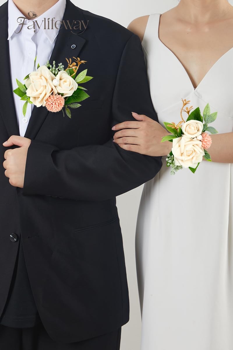2 PCS White Rose Boutonniere Wrist Corsages Wedding Prom Corsage Wristlet