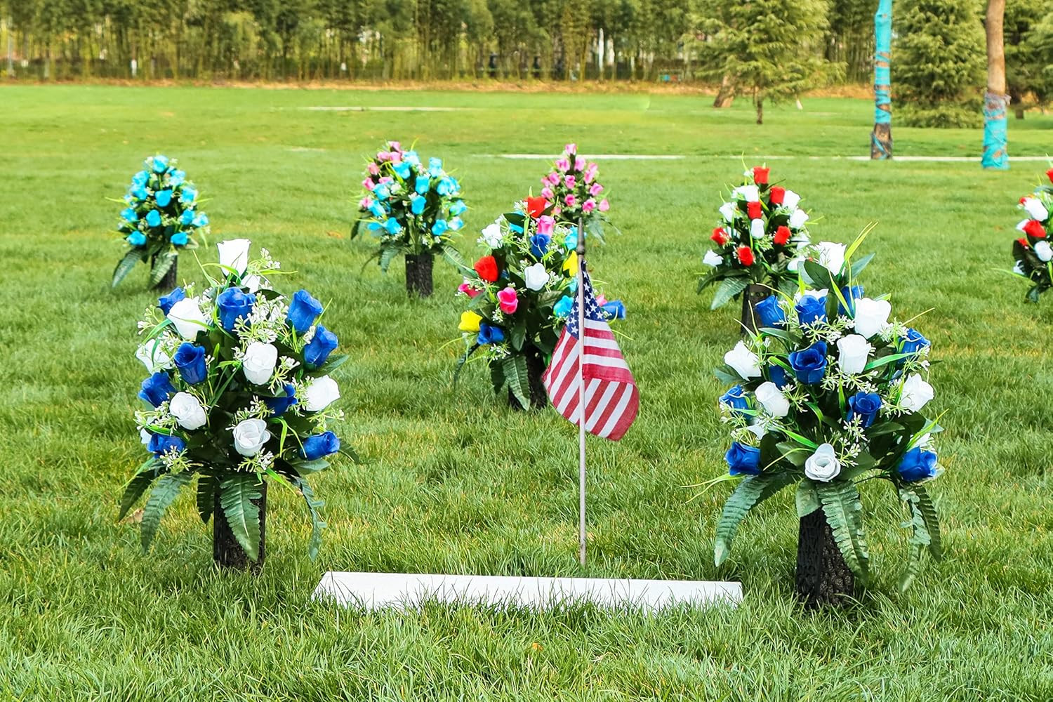 Elegant Artificial Cemetery Flowers with Vase – Lasting White & Dark Blue Bouque
