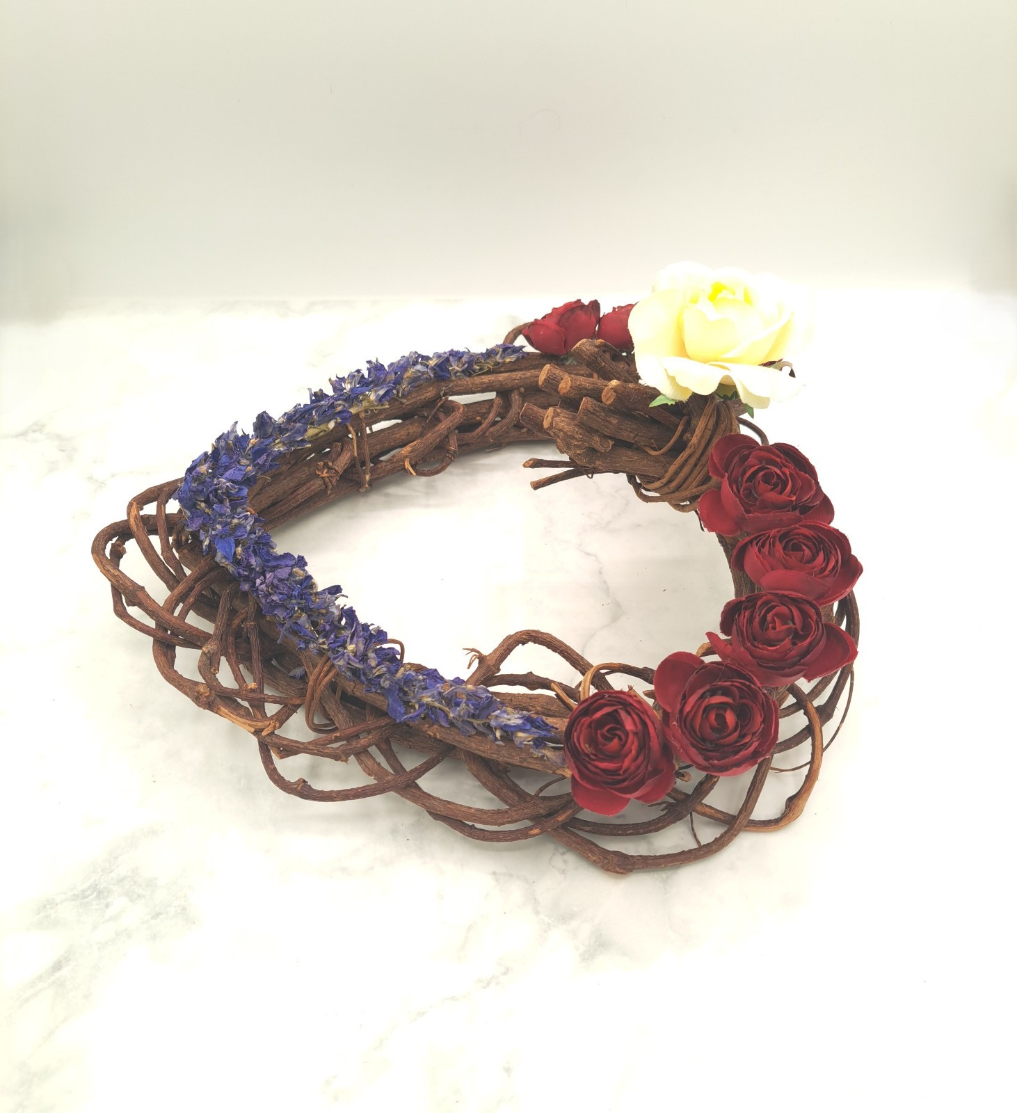 Handmade Red, White & Blue Willow Heart Flower Arrangmt. w/ Dried & Silk Flowers